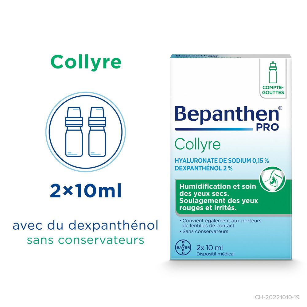Emballage Bepanthen PRO Collyre. Texte: Humidification et soin des yeux secs.