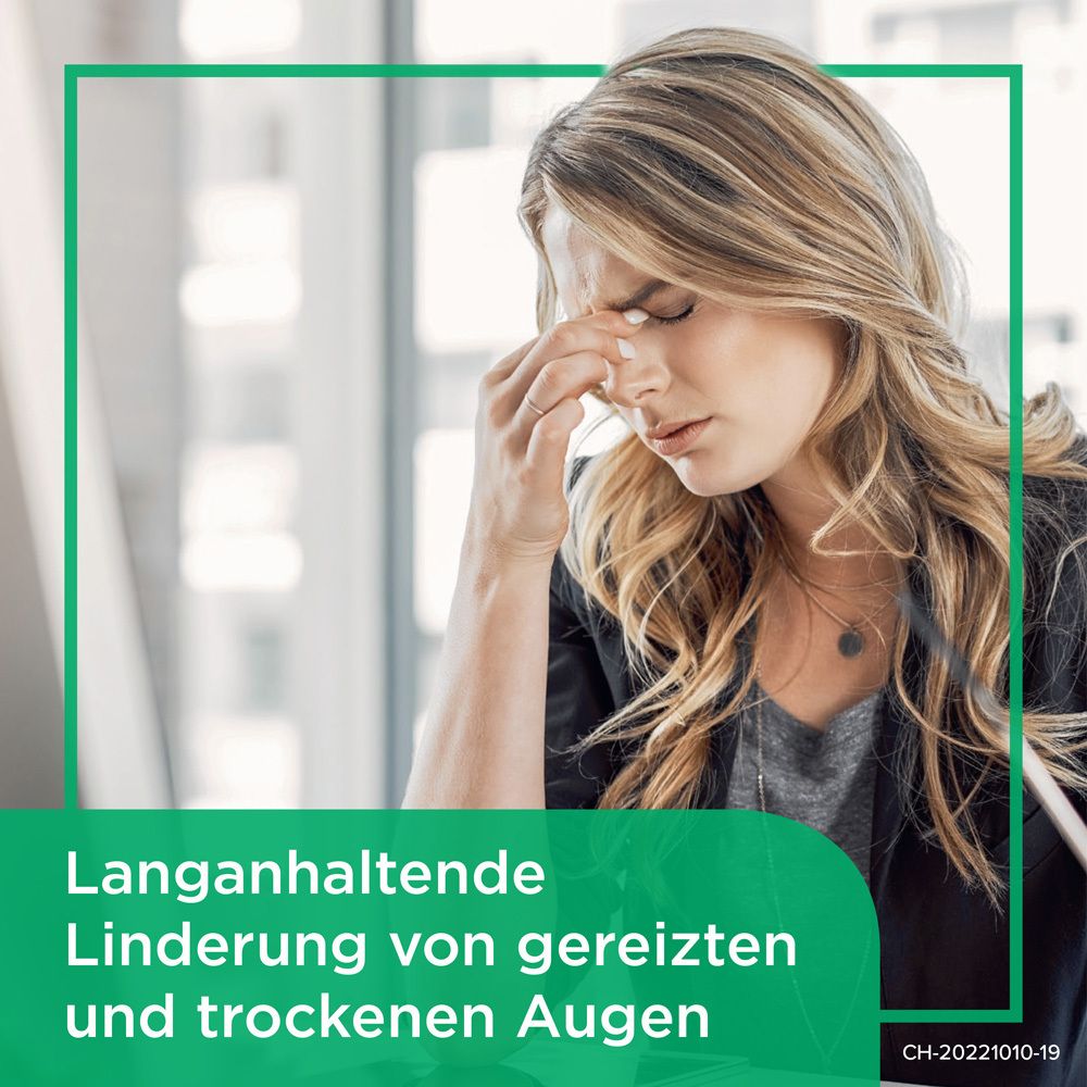 Verpackung Bepanthen PRO Augentropfen. Text: Befeuchtung und Pflege für trockene Augen.