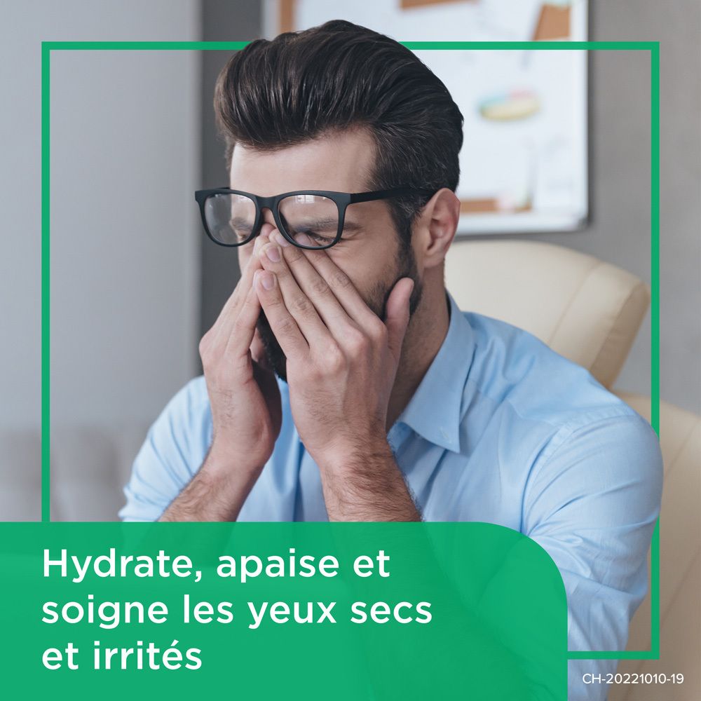 Emballage Bepanthen PRO Collyre. Texte: Humidification et soin des yeux secs.