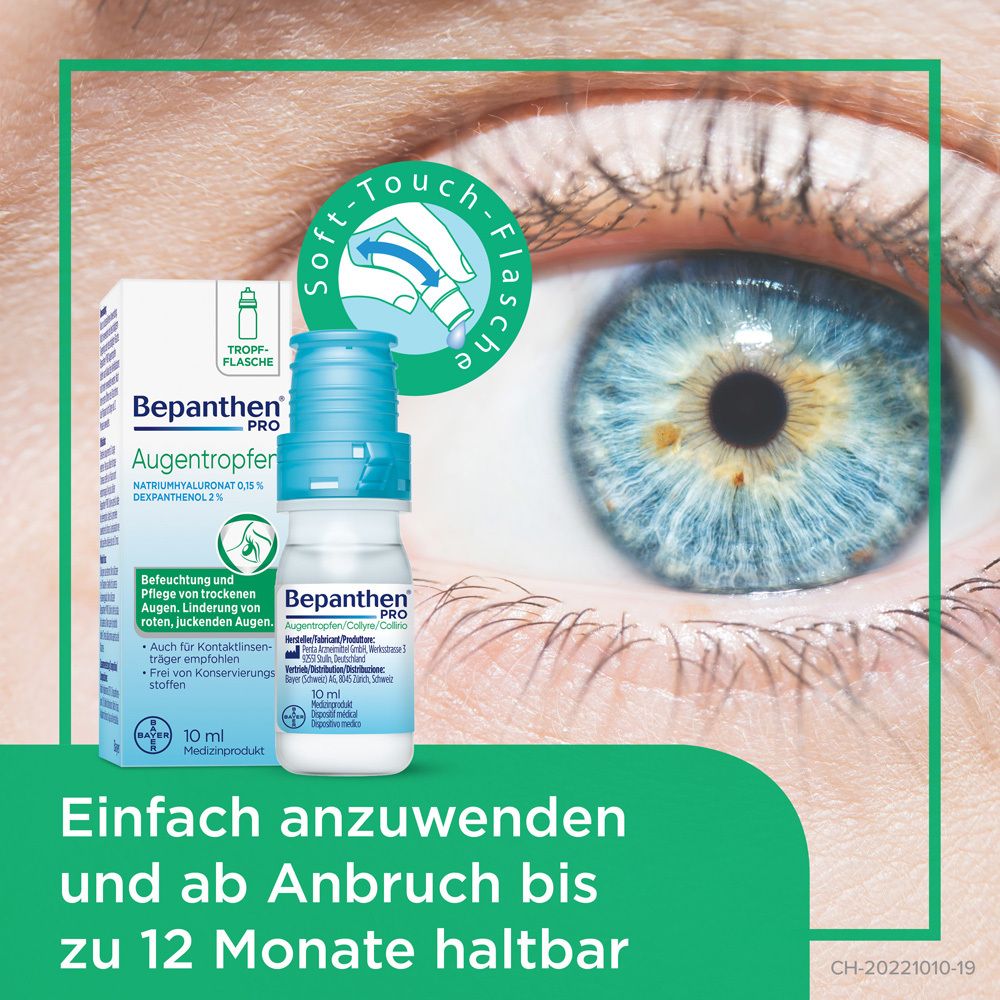Zwei Flaschen Augentropfen und Verpackung. Bepanthen PRO Augentropfen. 2 x 10 ml.
