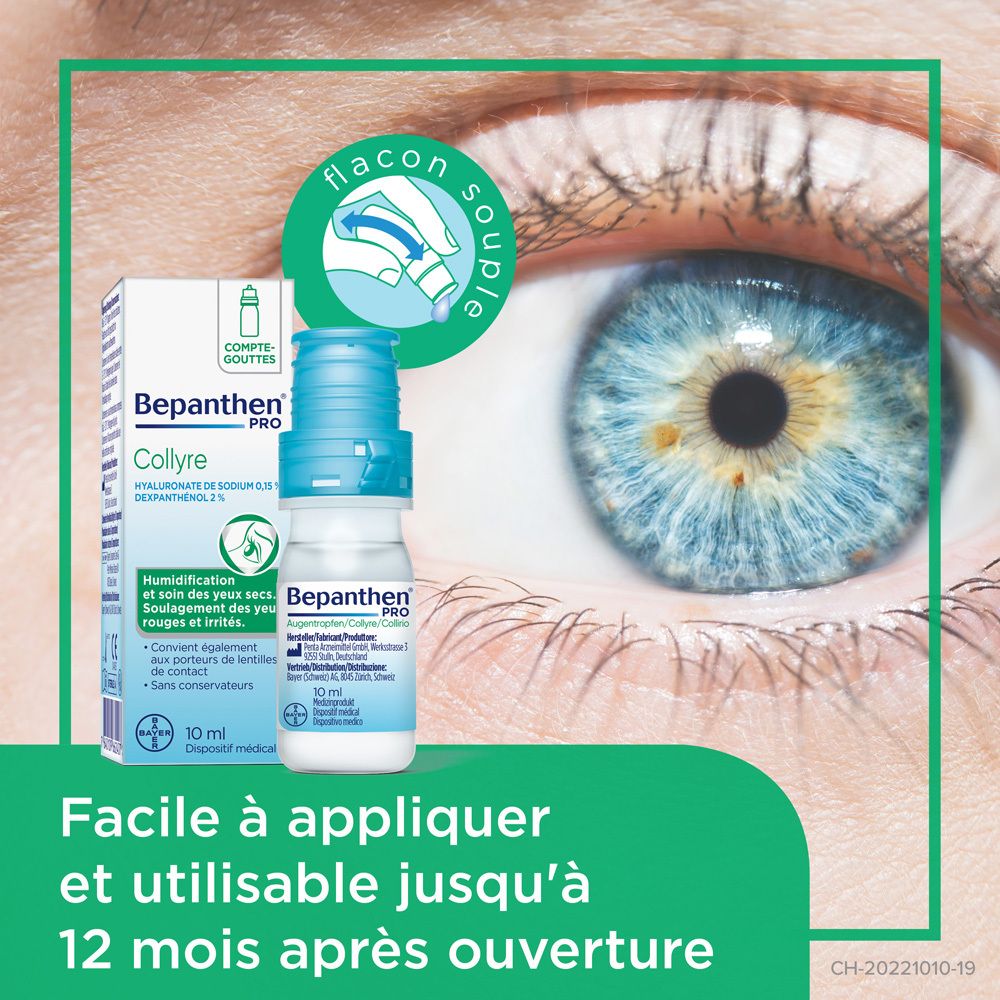 Boîte Bepanthen Pro Collyre. Deux flacons de 10ml. Avec Dexpanthenol.