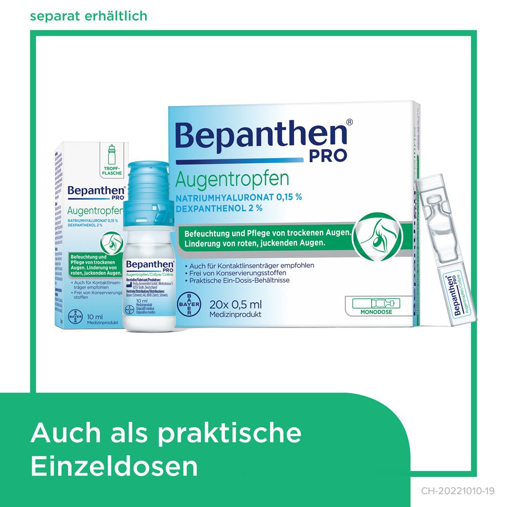 Bepanthen Pro Augentropfen: Packung mit zwei 10ml Flaschen. Ohne Konservierungsstoffe.