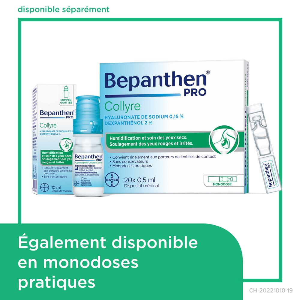 Femme se frottant les yeux. Texte: Soulagement durable pour les yeux irrités et secs.