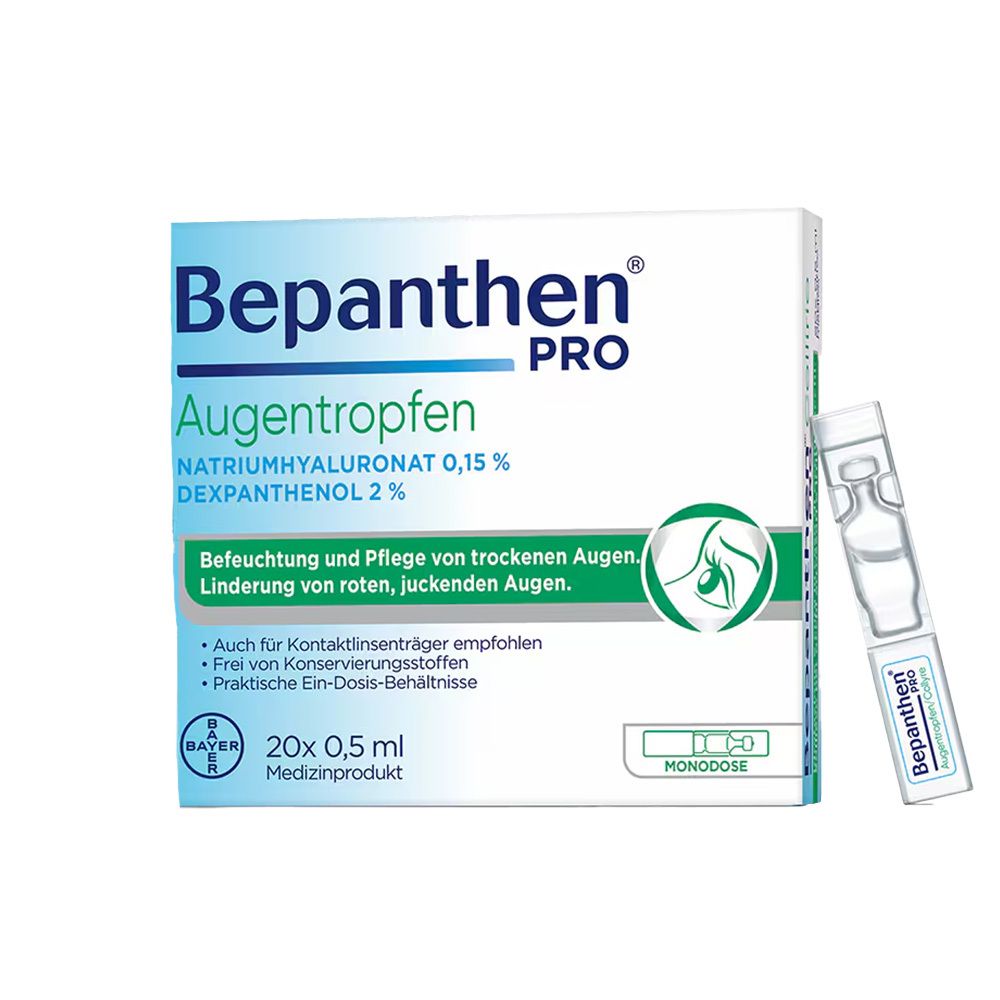 Boîte de Bepanthen®PRO Augentropfen avec 20 unidoses. Un récipient est à côté.
