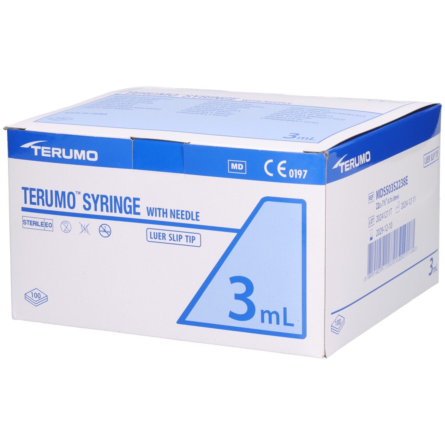 TERUMO Spritze mit Nadel, 3ml, Luer-Ansatz. Verpackung mit Logo, Produktbezeichnung, Steril-Symbolen, CE-Kennzeichnung und 100 Stück.