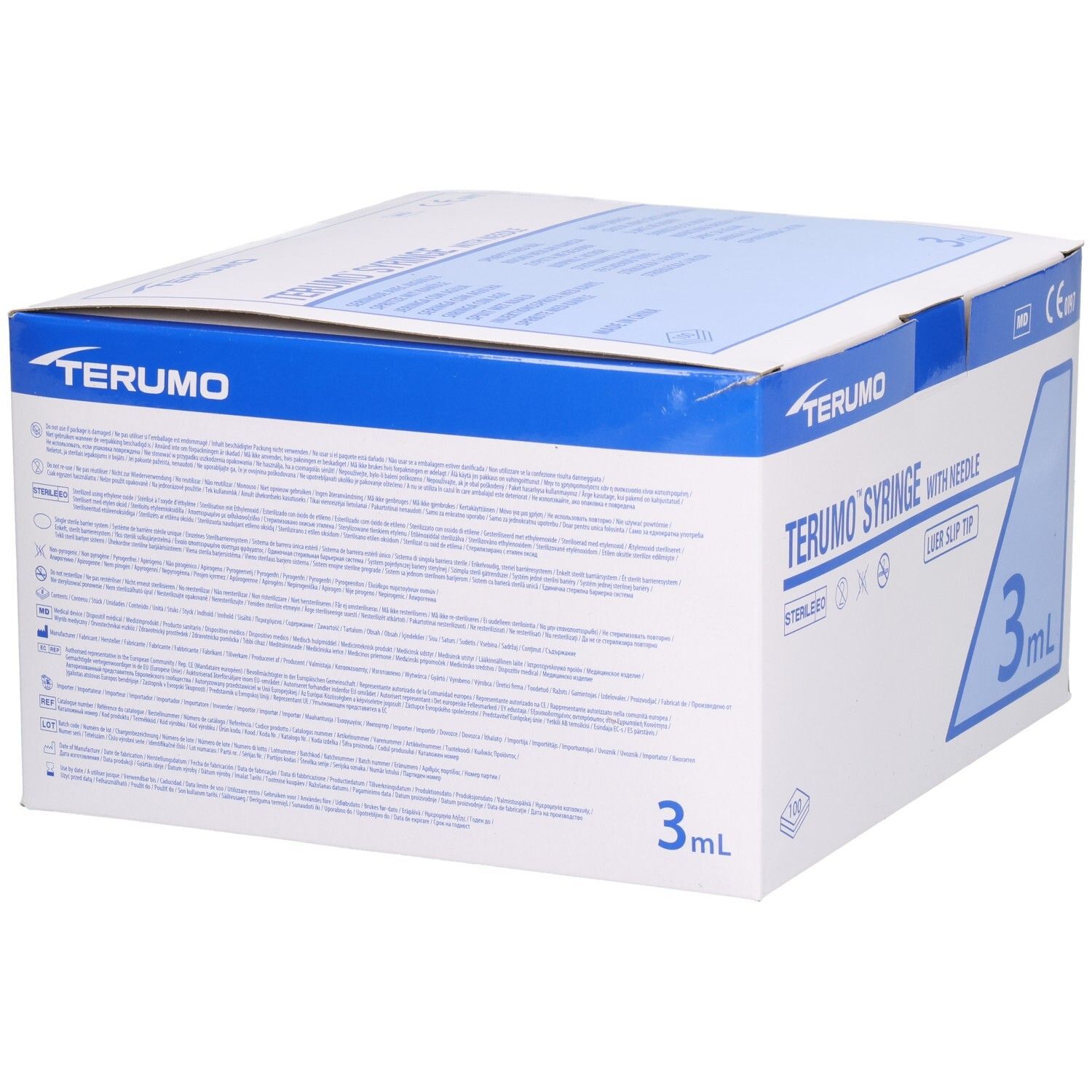 Verpackung von TERUMO Spritzen mit Nadel, 3ml. Text in mehreren Sprachen. Logo, Produktbezeichnung, Steril-Symbolen und CE-Kennzeichnung.