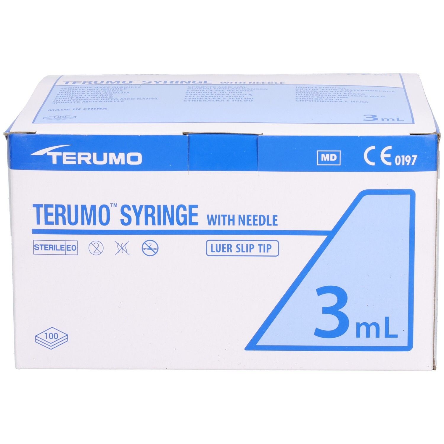 TERUMO Spritze mit Nadel, 3ml, Luer-Ansatz. Verpackung mit Logo, Produktbezeichnung, Steril-Symbolen, CE-Kennzeichnung und 100 Stück.