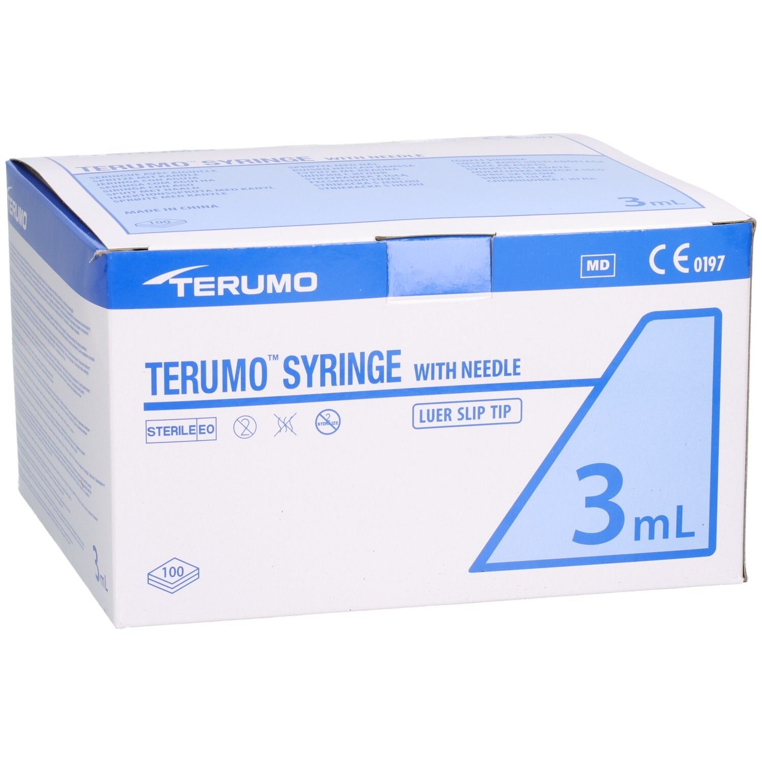 TERUMO Spritze mit Nadel, 3ml, Luer-Ansatz. Verpackung mit Logo, Produktbezeichnung, Steril-Symbolen, CE-Kennzeichnung und 100 Stück.