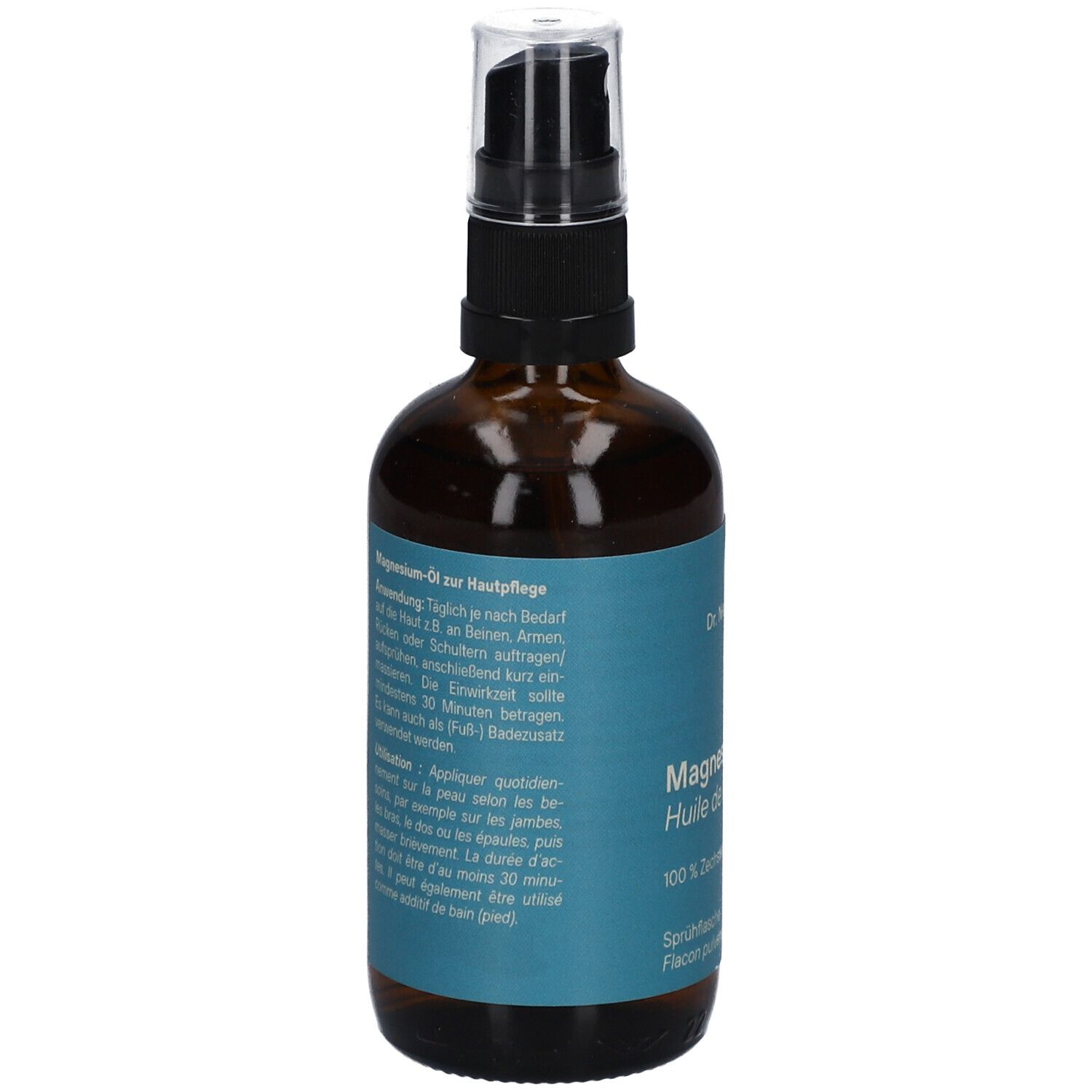 Braune Sprühflasche mit blauem Etikett. Text: Anwendung, Anwendungshinweise. Mit Zerstäuber.