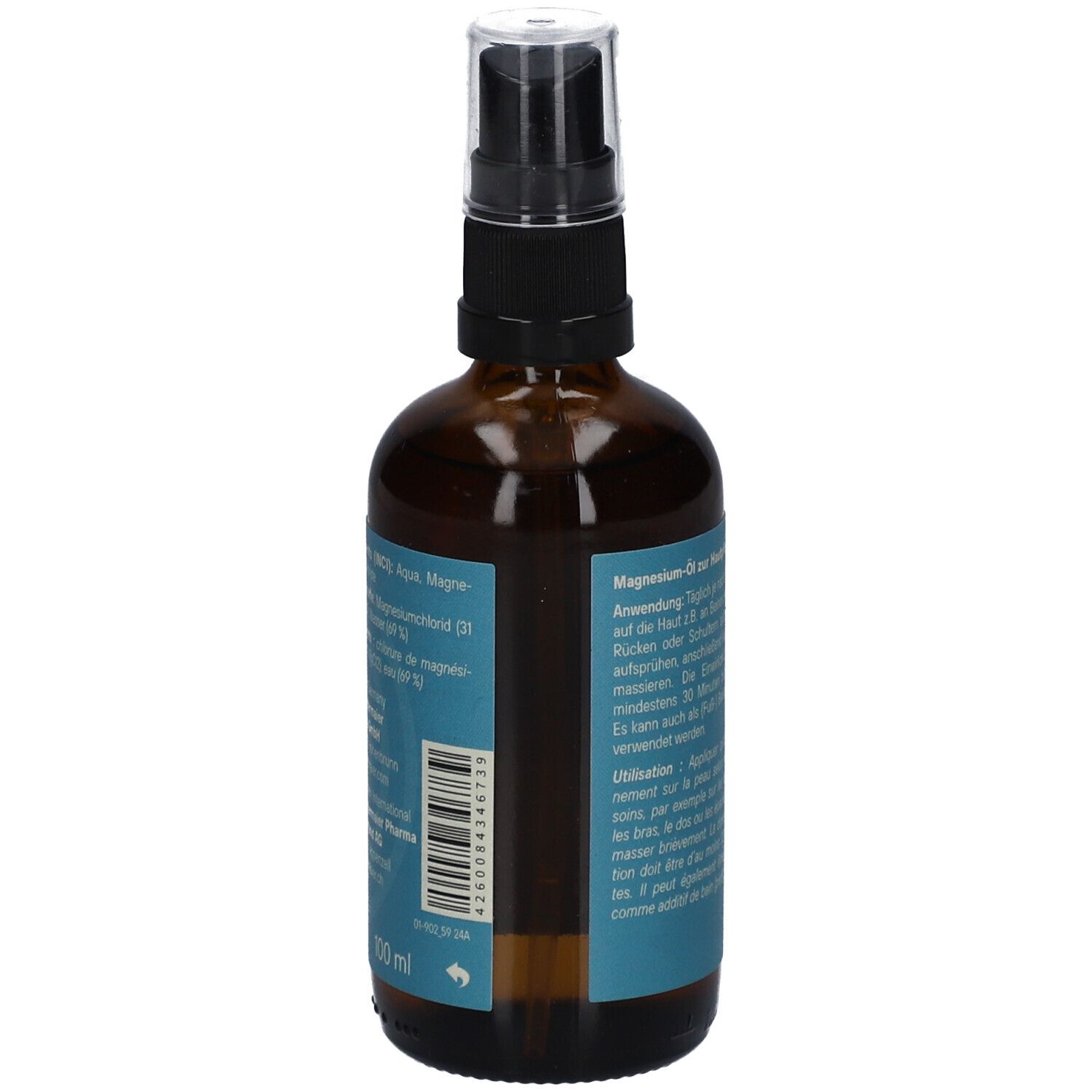 Braune Sprühflasche mit blauem Etikett. Text: Inhaltsstoffe, Anwendungshinweise. Mit Zerstäuber.