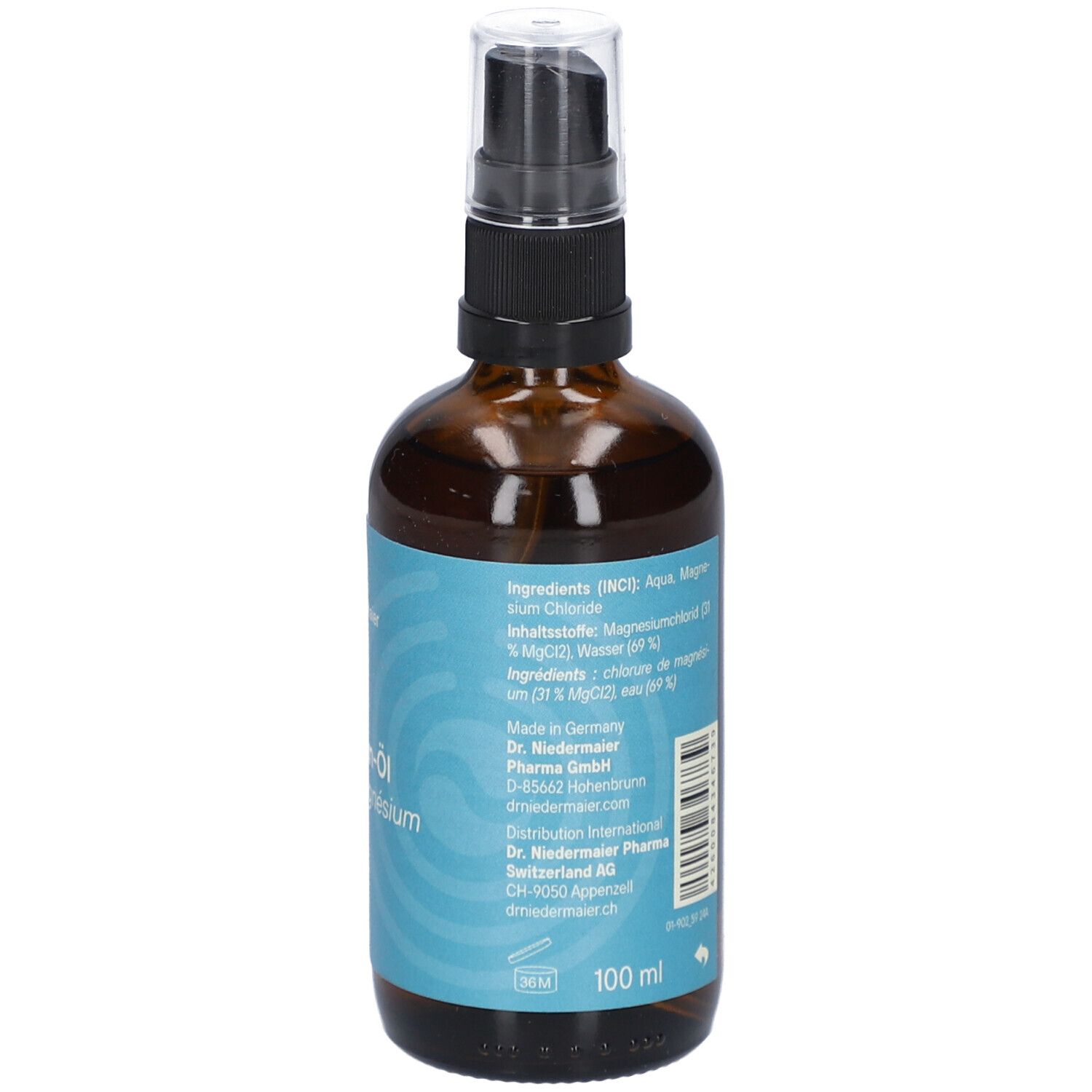 Braune Sprühflasche mit blauem Etikett. Text: Inhaltsstoffe, 100 ml. Mit Zerstäuber.