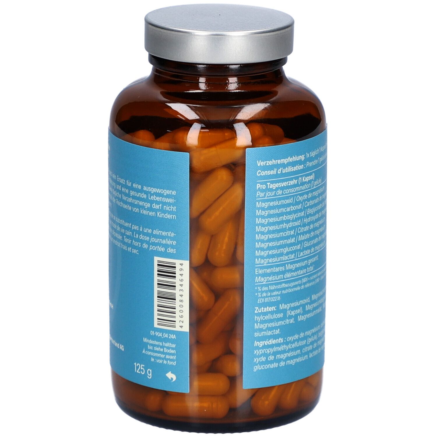 Braune Glasflasche mit Kapseln. Rückseite mit Etikett und Informationen. Gewicht: 125 g.