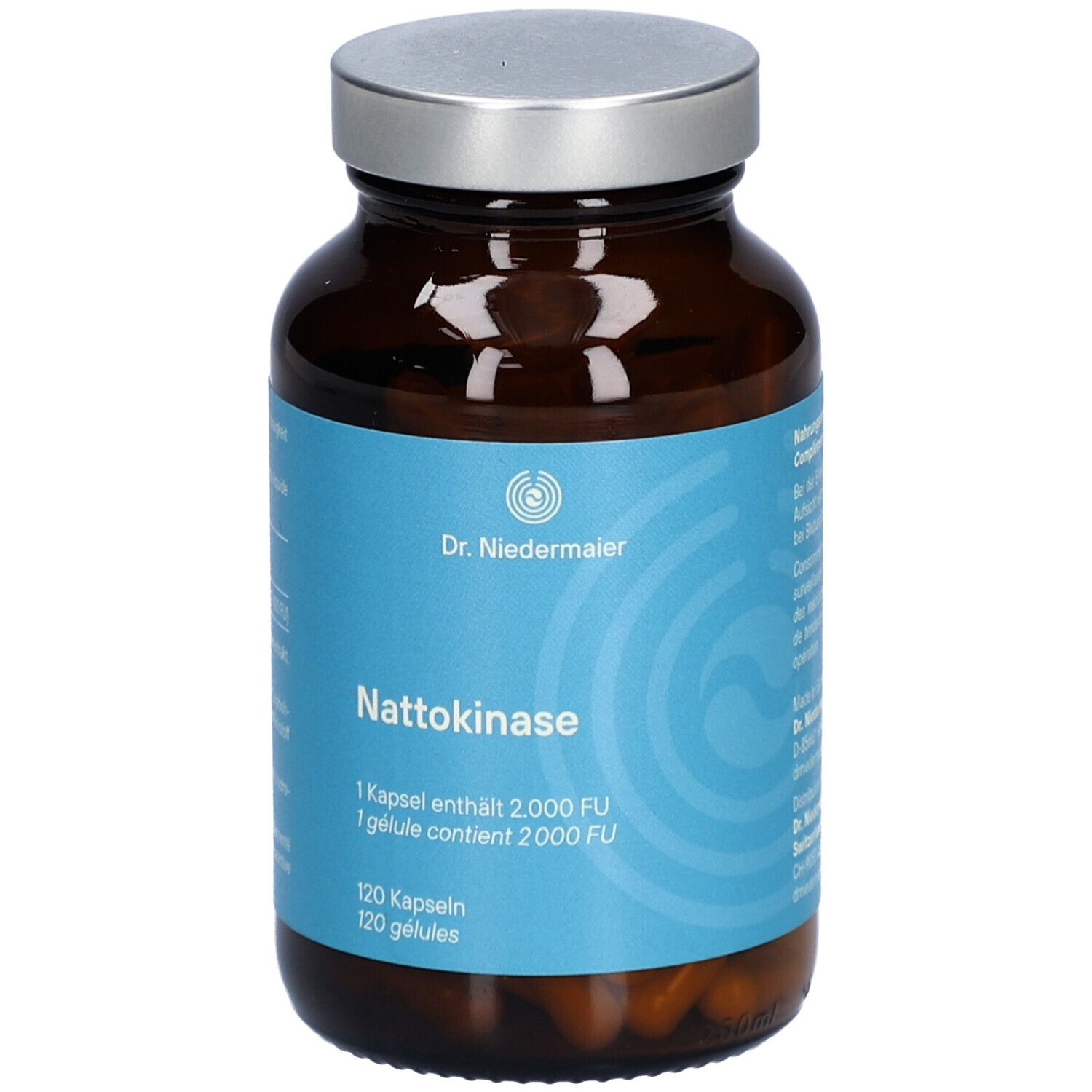 Flacon en verre brun avec couvercle argenté. Étiquette avec nom du produit Nattokinase et logo Dr. Niedermaier. 120 gélules.