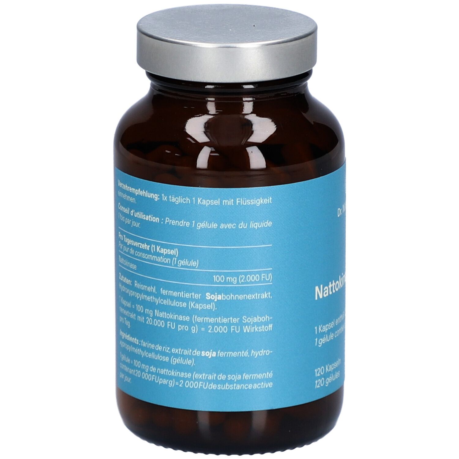Dos du flacon en verre brun. Étiquette avec ingrédients et dosage. Contient de la nattokinase, extrait de soja et autres ingrédients.