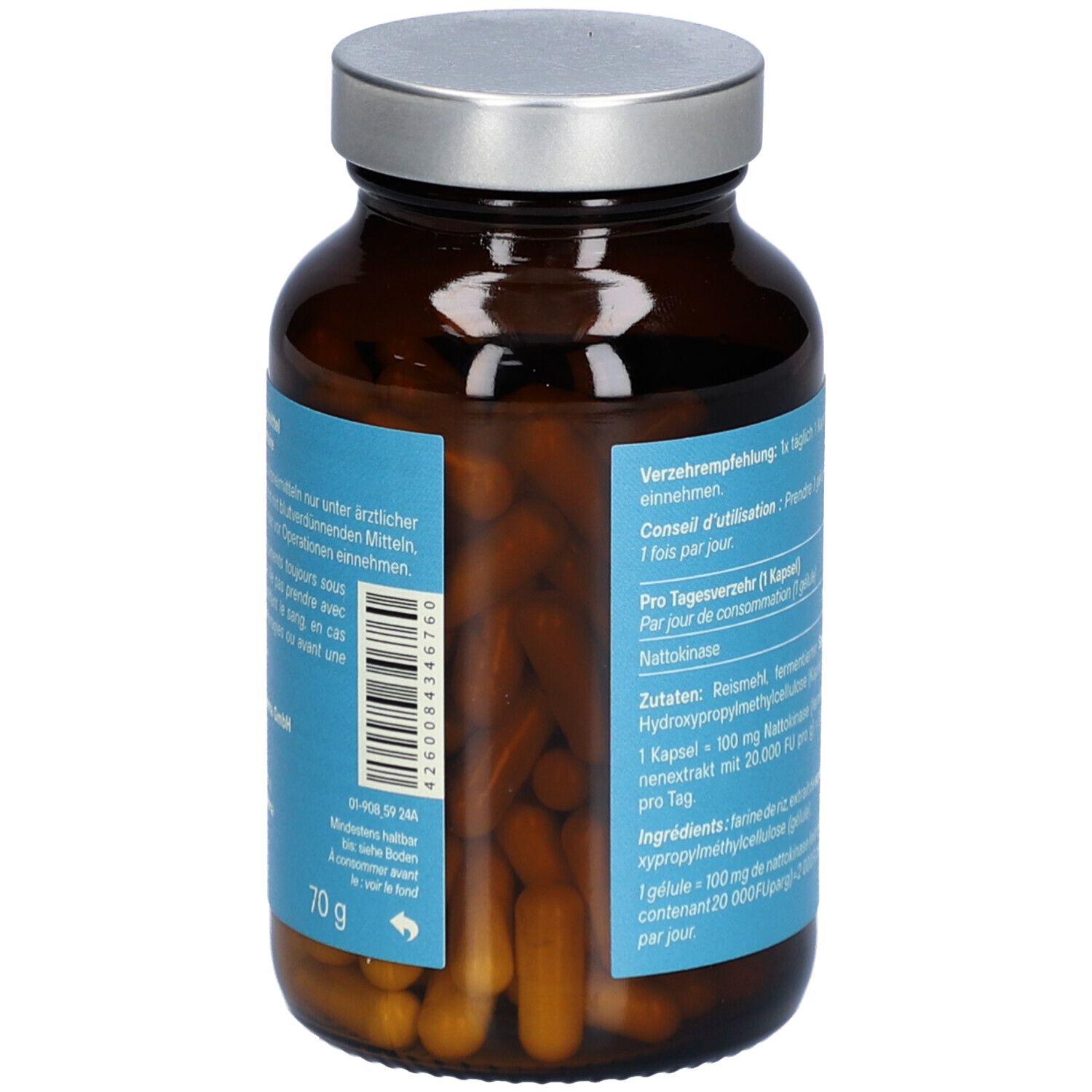 Flacon en verre brun avec gélules. Étiquette avec informations sur le produit. Contient 120 gélules. Code-barres et informations fabricant.