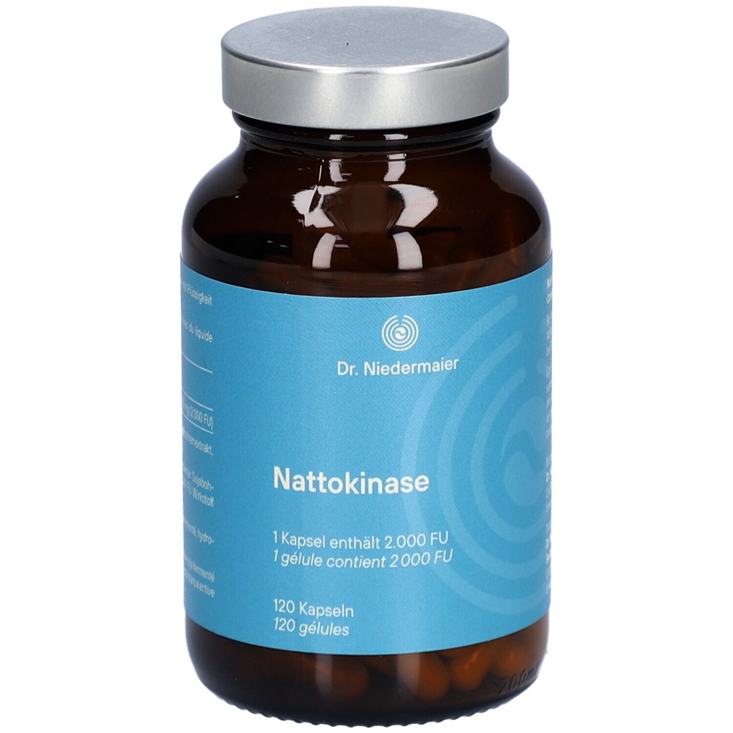 Flacon en verre brun avec couvercle argenté. Étiquette avec nom du produit Nattokinase et logo Dr. Niedermaier. 120 gélules.