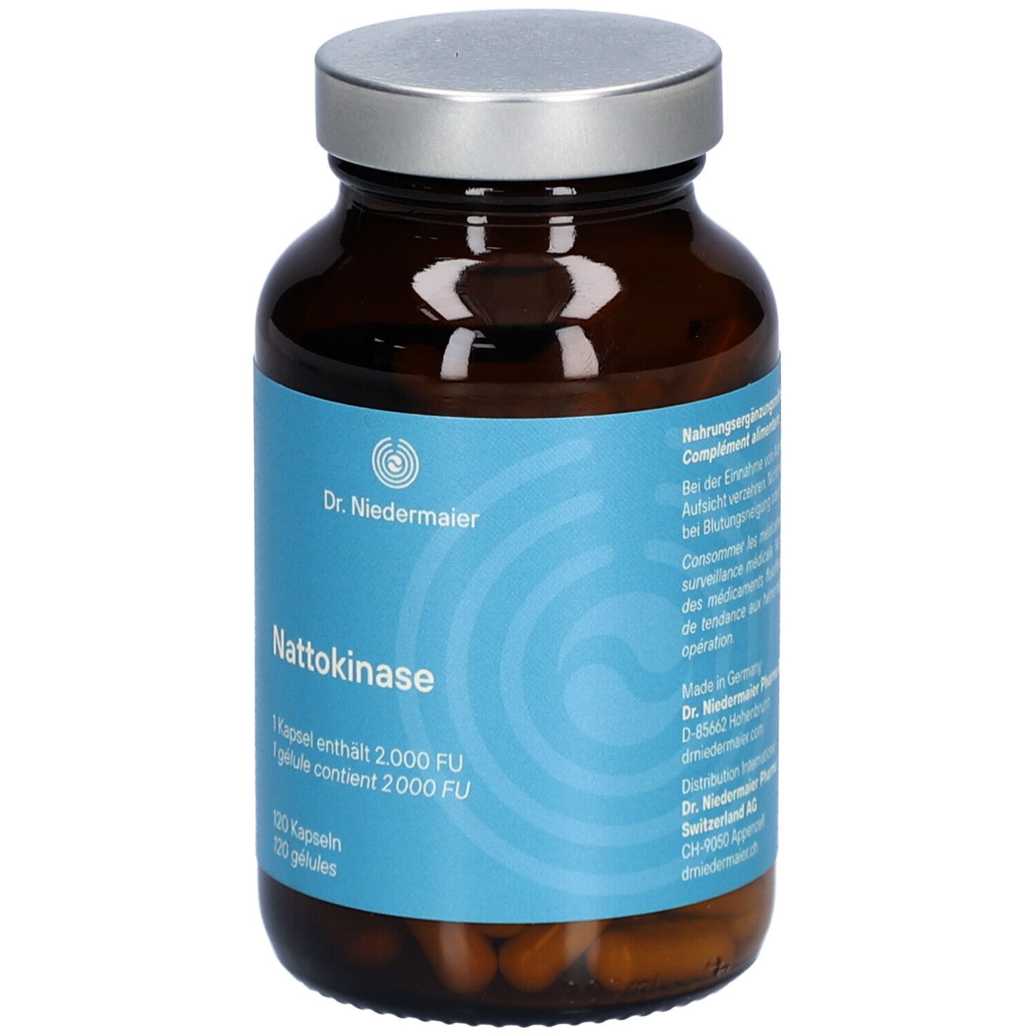 Flacon en verre brun avec couvercle argenté. Étiquette avec nom du produit Nattokinase et logo Dr. Niedermaier. 120 gélules.