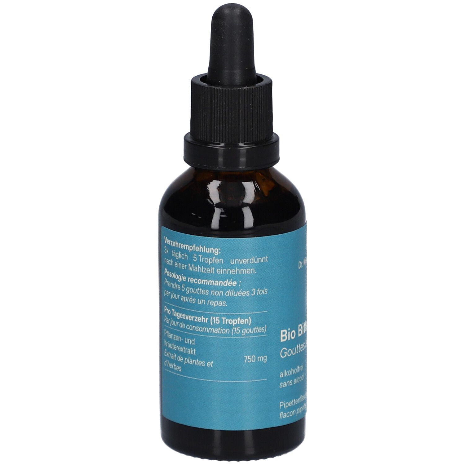 Flacon en verre brun avec bouchon noir et pipette. Étiquette bleue avec instructions de dosage et informations sur le produit.