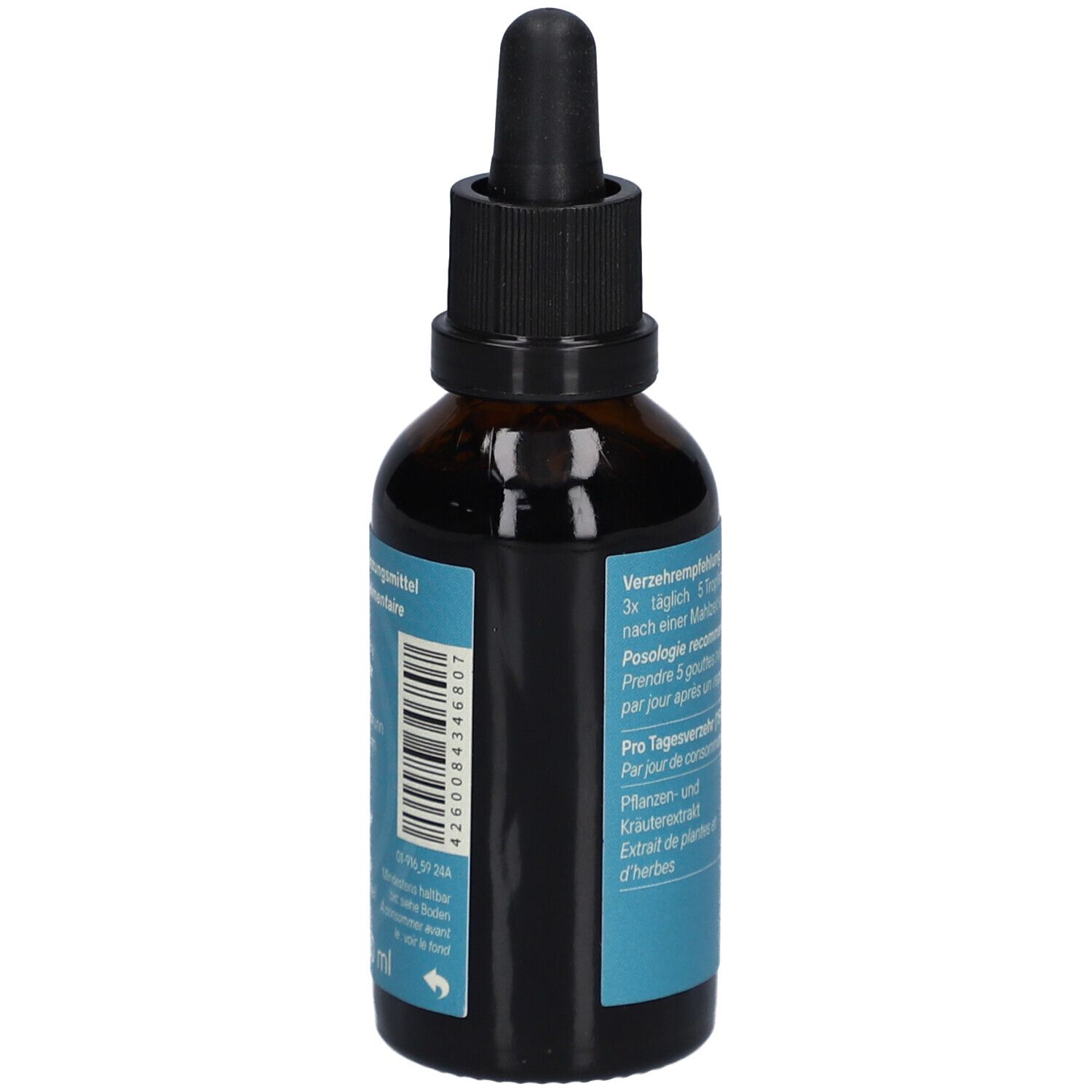 Flacon en verre brun avec bouchon noir et pipette. Étiquette bleue avec code-barres et informations sur le produit.
