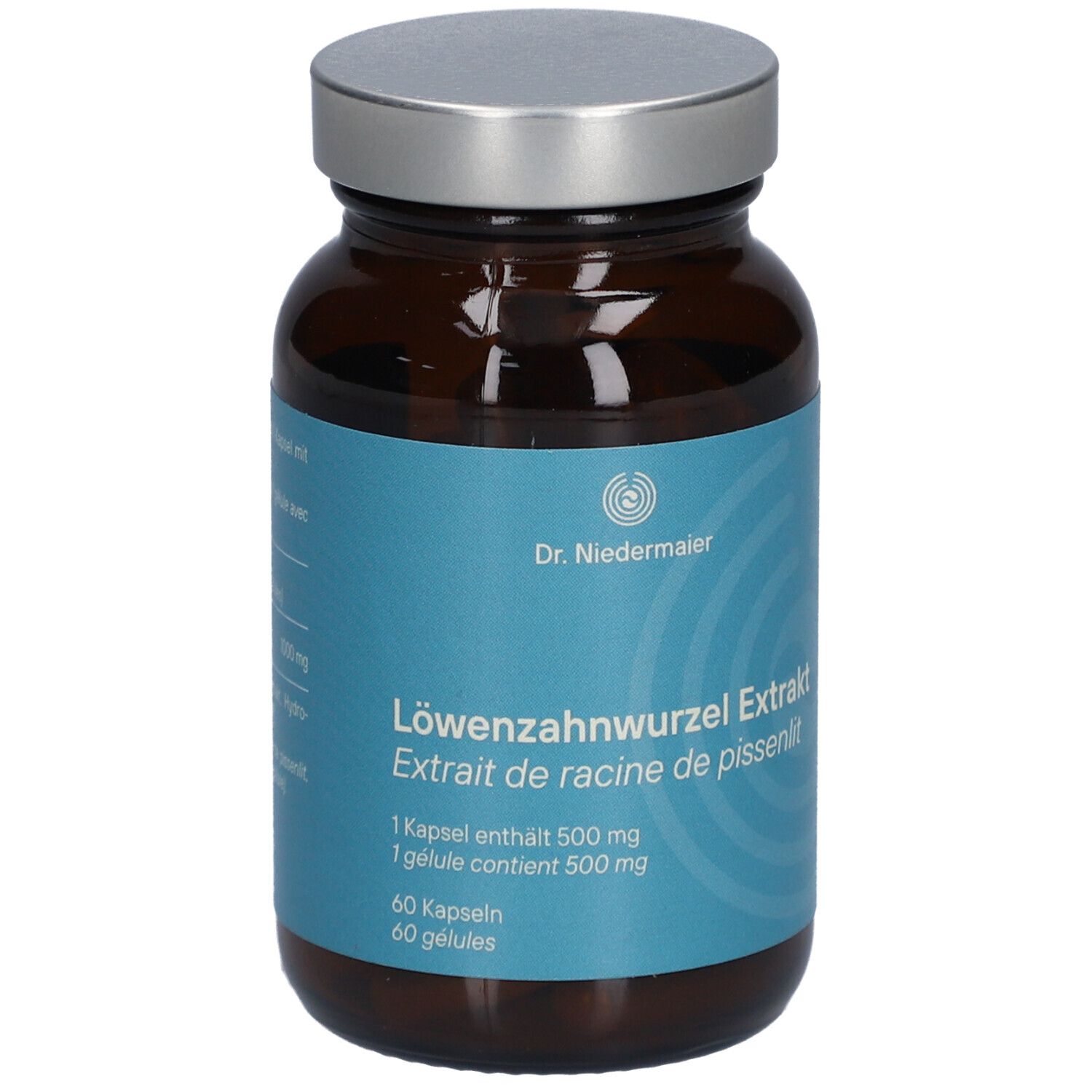 Braune Glasflasche mit silbernem Deckel. Blaues Etikett mit Produktnamen, Inhaltsangabe und Logo von Dr. Niedermaier.