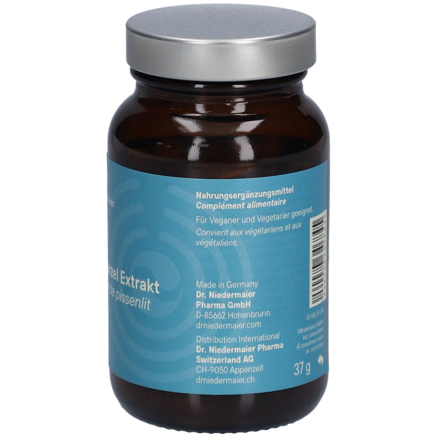 Rückseite der braunen Glasflasche. Blaues Etikett mit Produktinformationen, Herstellerangaben und Gewicht.