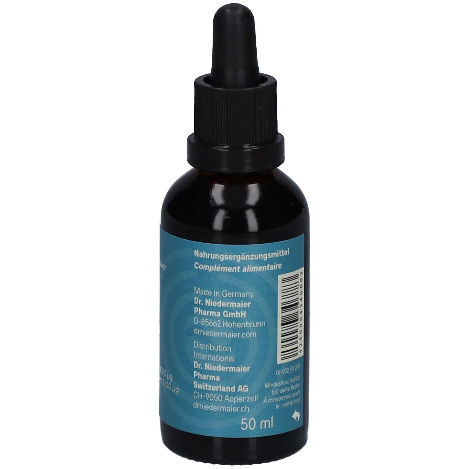 Flacon en verre brun avec bouchon noir et pipette. Étiquette bleue avec informations, adresse du fabricant et volume: 50 ml.