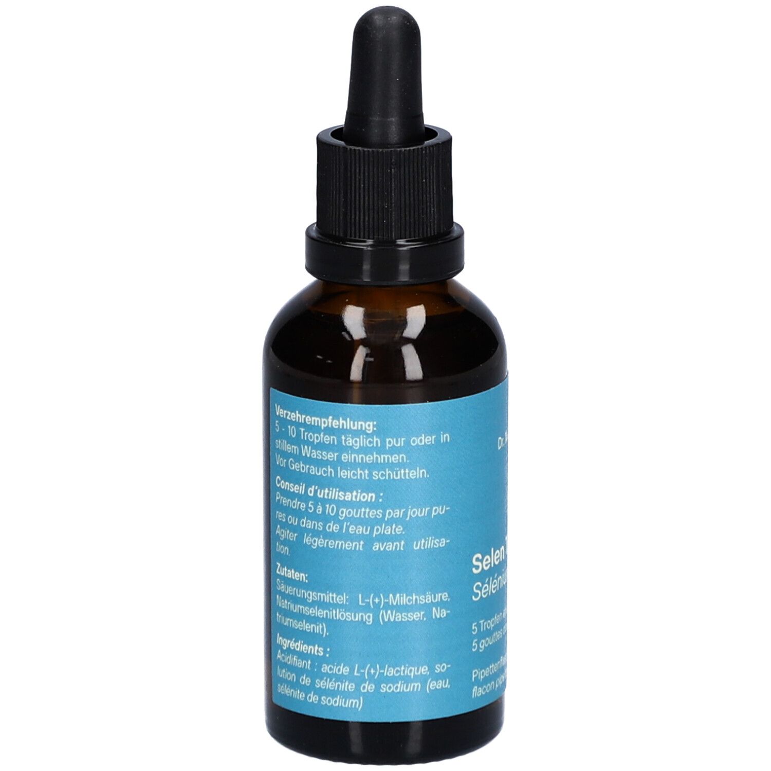 Flacon en verre brun avec bouchon noir et pipette. Étiquette bleue avec texte. Recommandations de dosage et ingrédients visibles.