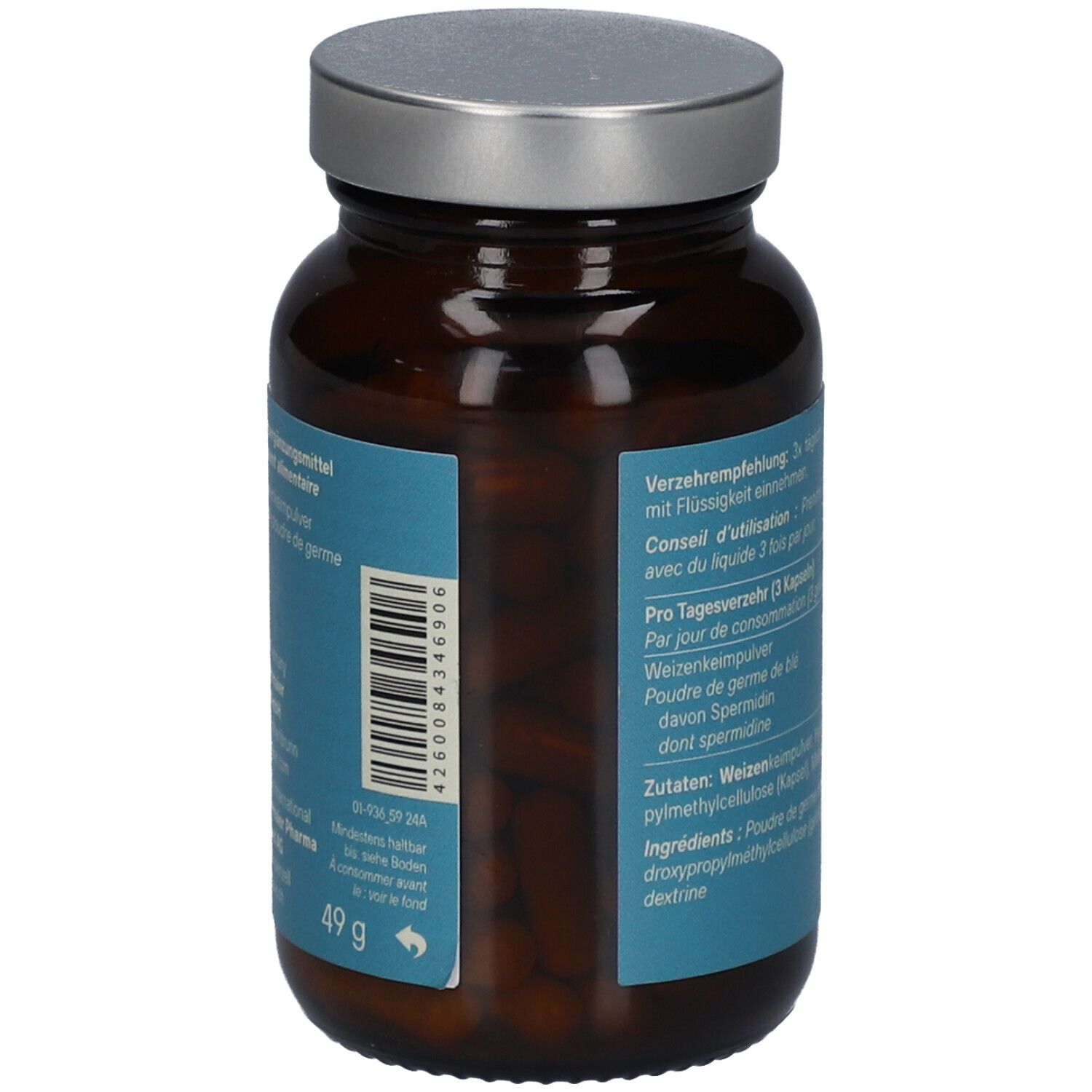 Braune Glasflasche mit blauer Banderole. Barcode und Text. 49 g.