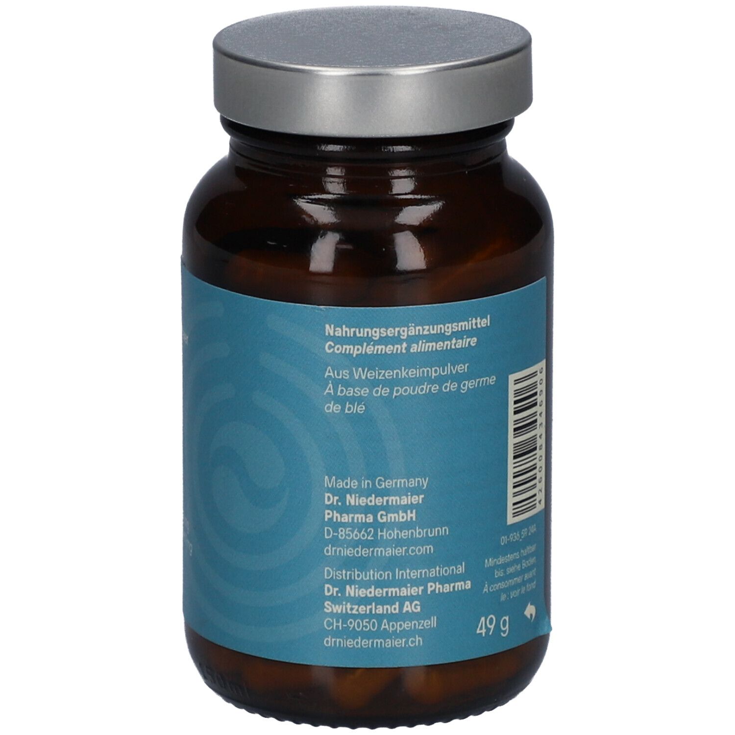 Braune Glasflasche mit blauer Banderole. Text: Nahrungsergänzungsmittel. 49 g.