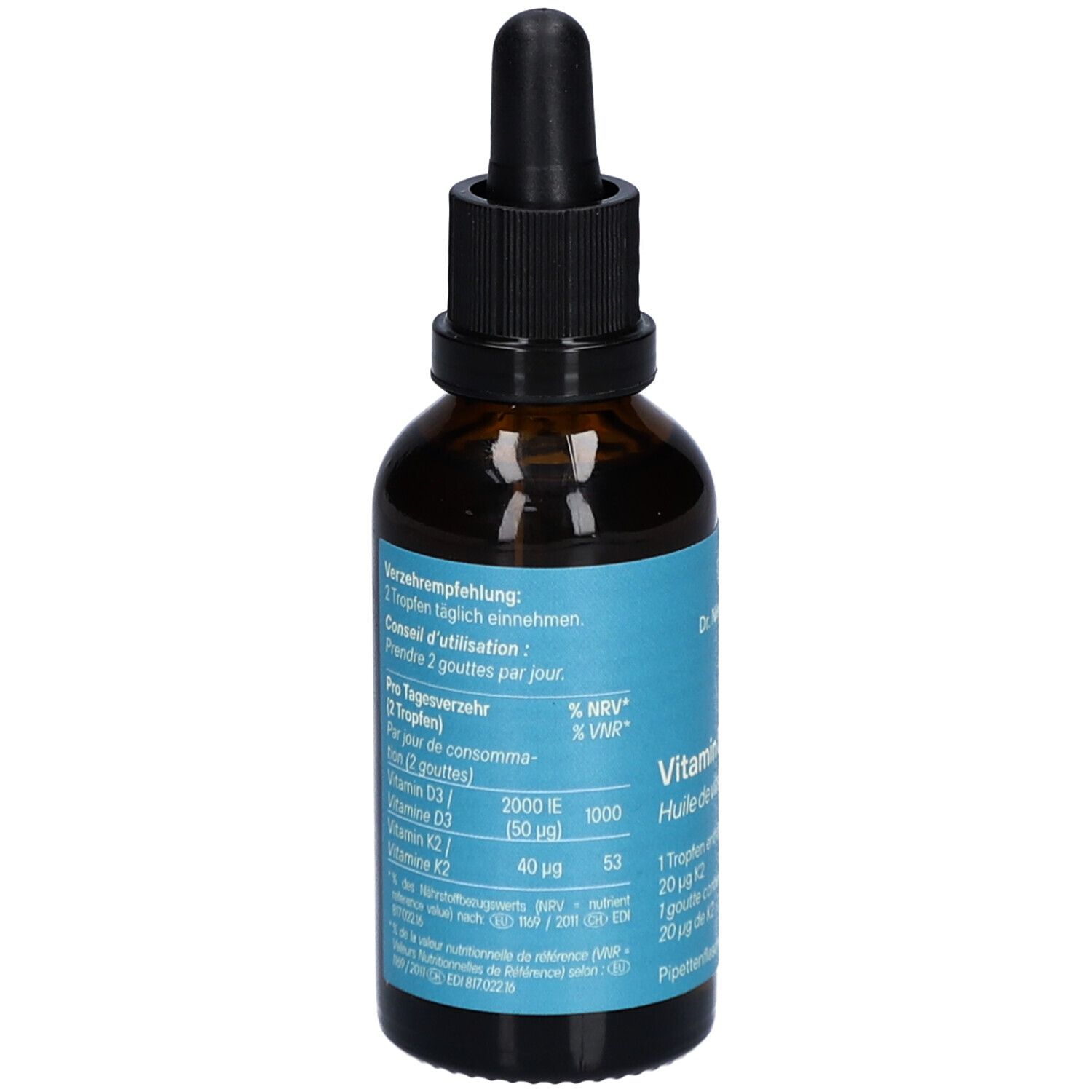 Rückseite einer braunen Glasflasche mit Etikett. Informationen zu Nährwerten und Dosierung. Dr. Niedermaier Vitamin D3 + K2 Öl.
