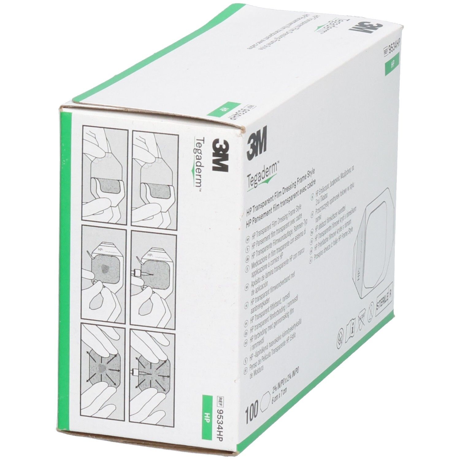 Karton mit 3M Tegaderm HP. Auf der Seite Anwendungsbeispiele. 100 Stück. Sterile R. Grüne Akzente.