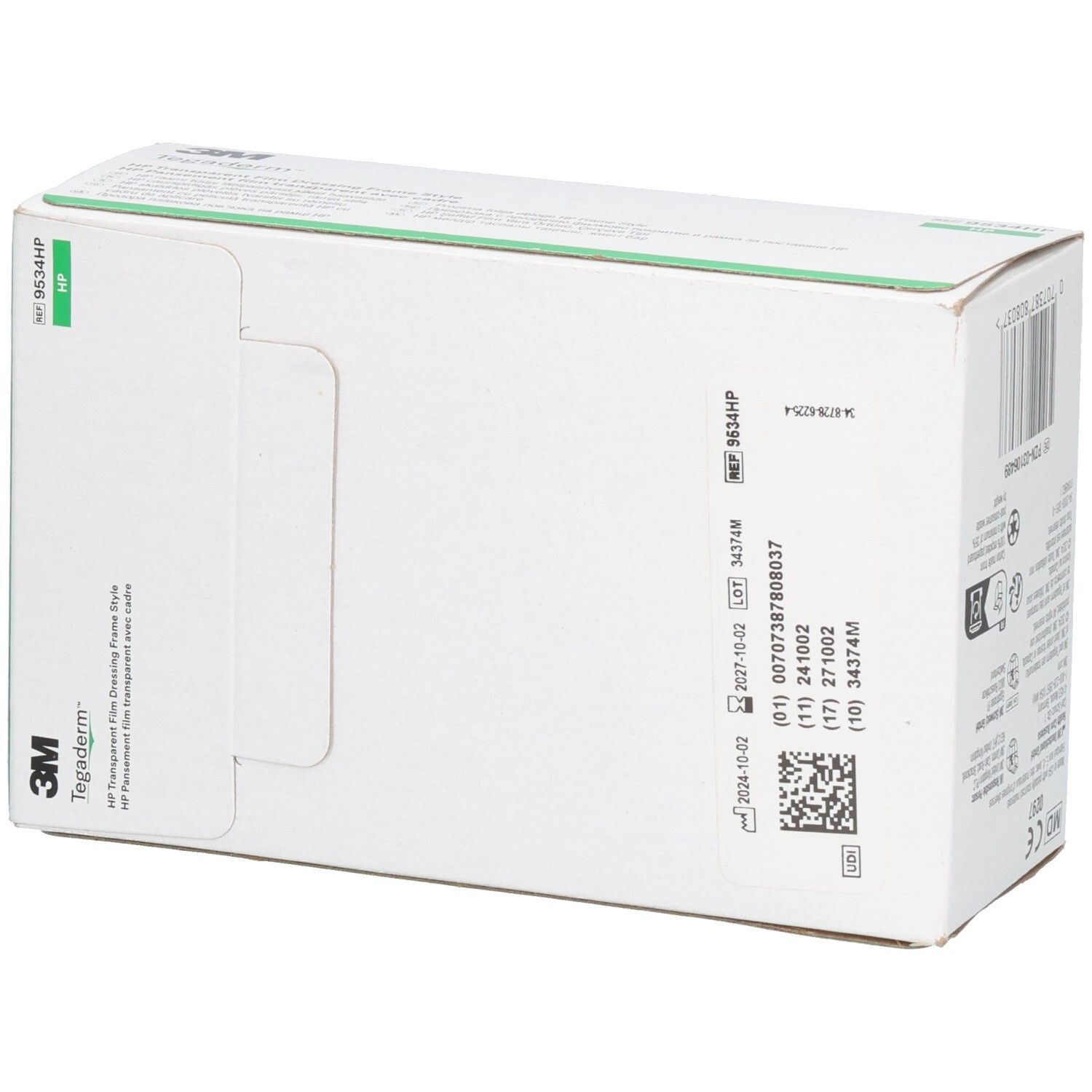 Rückseite des Kartons. 3M Tegaderm HP. Chargennummer, Verfallsdatum und QR-Code. Weiße Verpackung.
