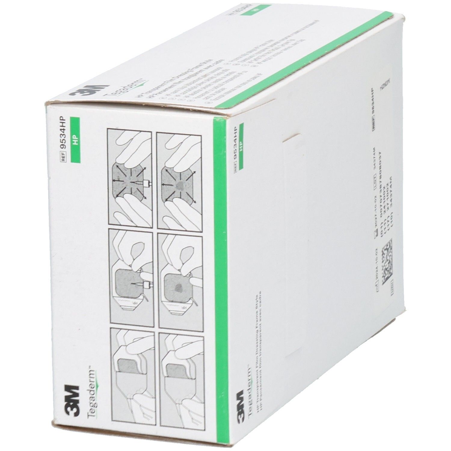 Karton mit 3M Tegaderm HP. Anwendungsbeispiele auf der Seite. Weiße Verpackung mit grünen Akzenten.