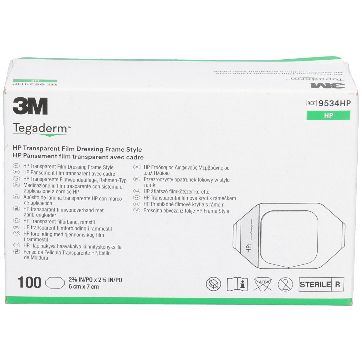 Weißer Karton mit grünen Akzenten. Aufschrift: 3M Tegaderm HP. Enthält 100 Verbände. Größe: 6x7cm. Sterile R.