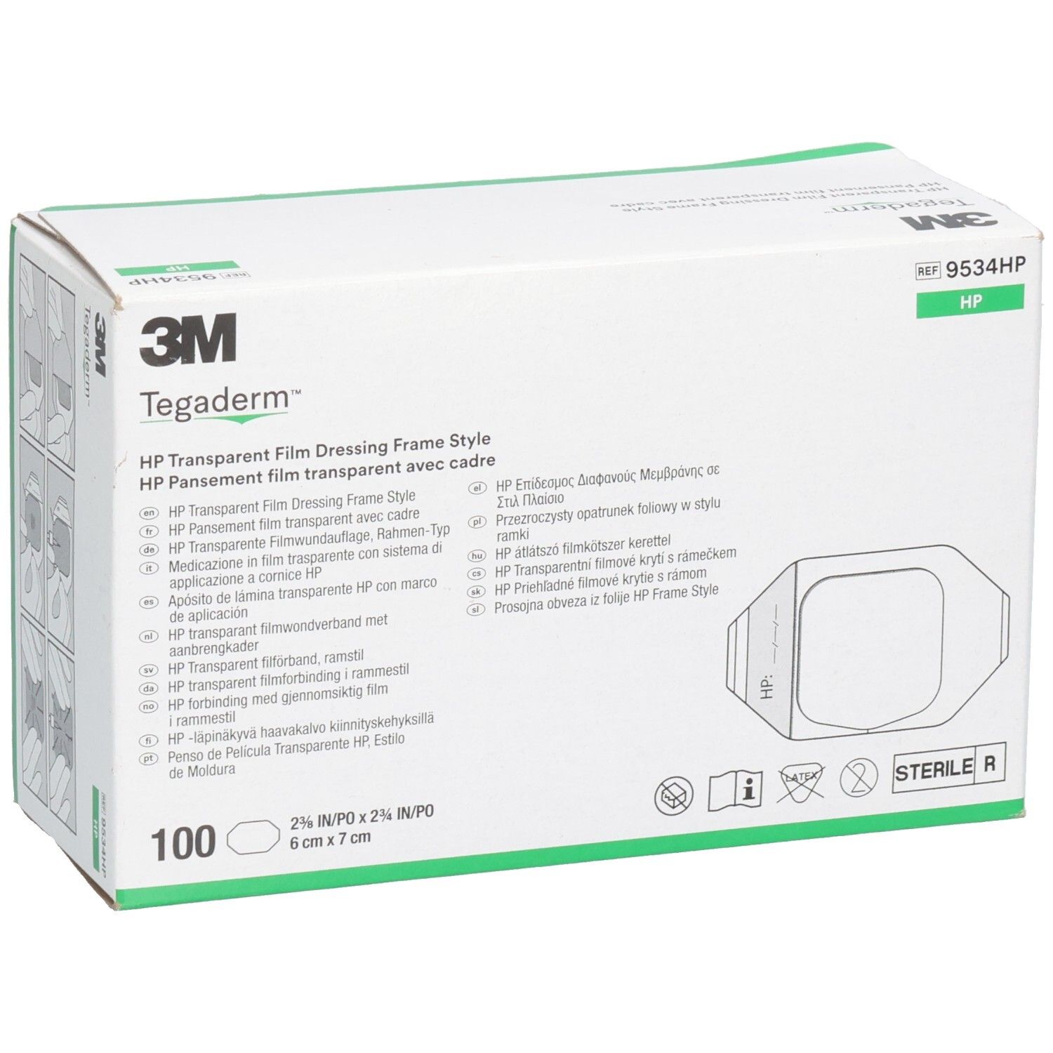 Weißer Karton mit grünen Akzenten. Aufschrift: 3M Tegaderm HP. Enthält 100 Verbände. Größe: 6x7cm. Sterile R.