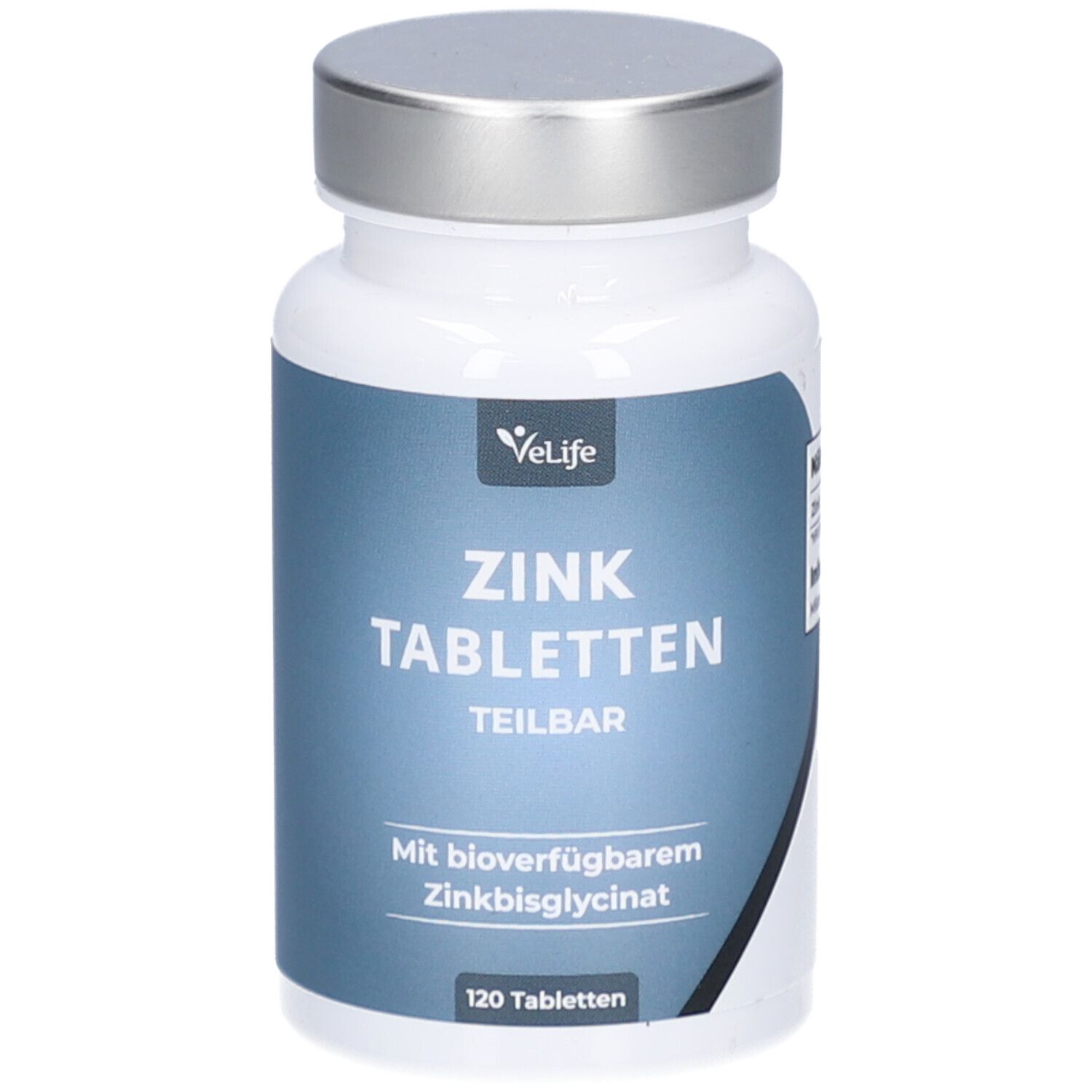 Weiße Flasche mit silbernem Deckel. Aufschrift: Zink Tabletten teilbar. Enthält 120 Tabletten.