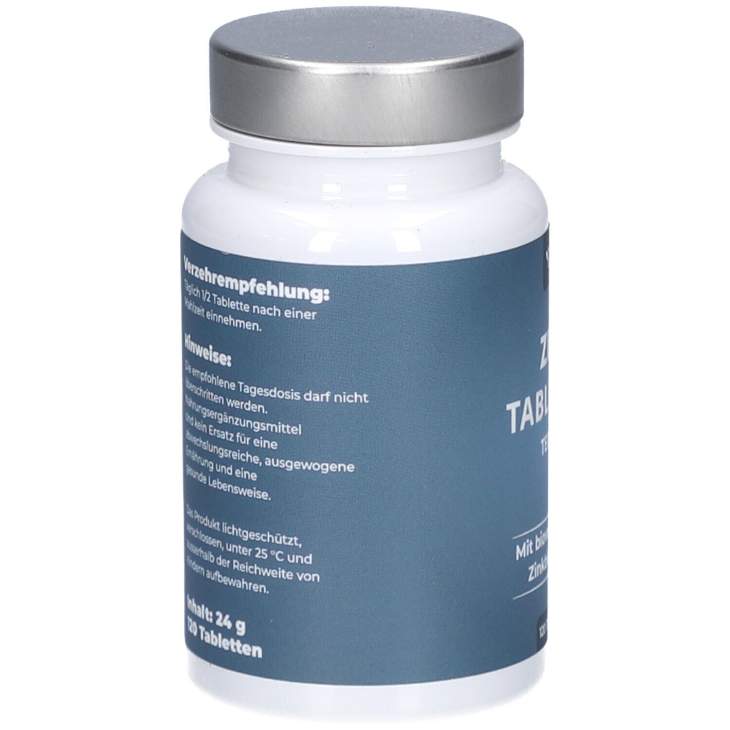 Rückseite der weißen Flasche mit silbernem Deckel. Text über Verzehrempfehlung und Hinweise. Inhalt: 24 g, 120 Tabletten.