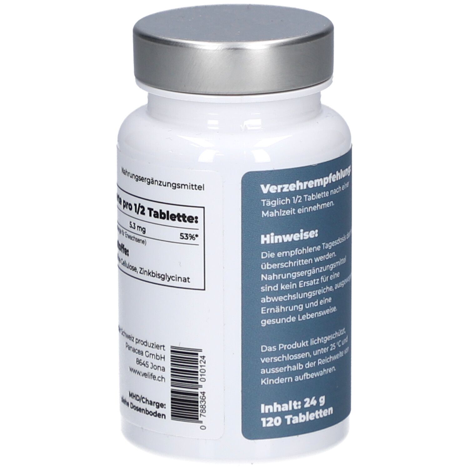 Rückseite der weißen Flasche mit silbernem Deckel. Nährwertangaben pro 1/2 Tablette. Herstellerinformationen.