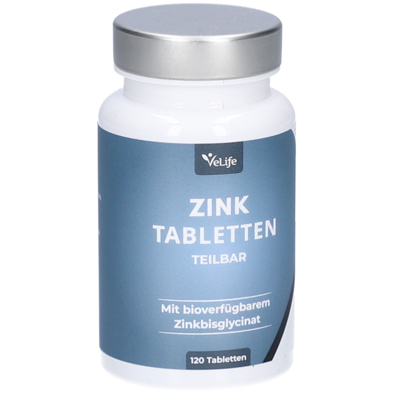 Weiße Flasche mit silbernem Deckel. Aufschrift: Zink Tabletten teilbar. Enthält 120 Tabletten.