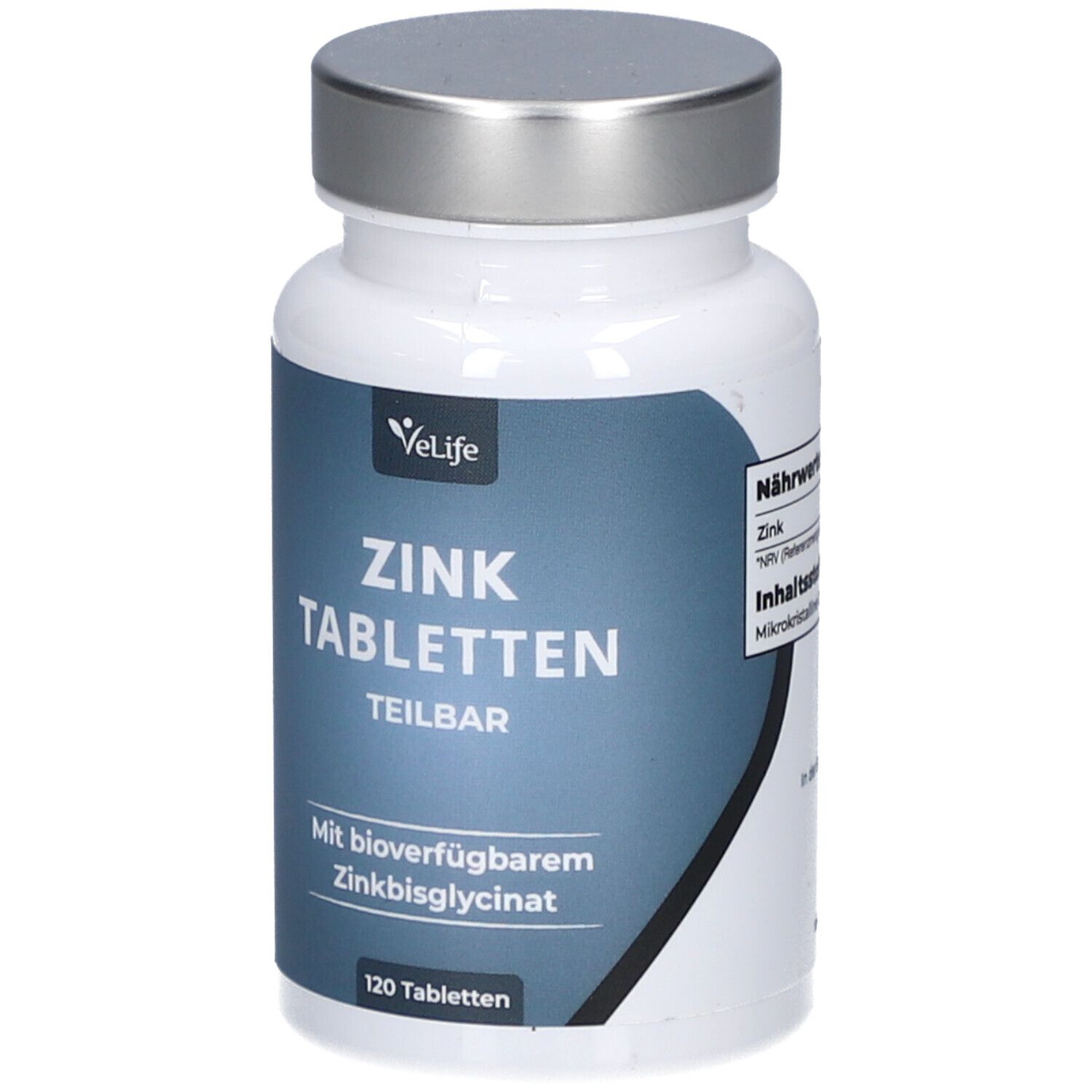 Weiße Flasche mit silbernem Deckel. Aufschrift: Zink Tabletten teilbar. Enthält 120 Tabletten.