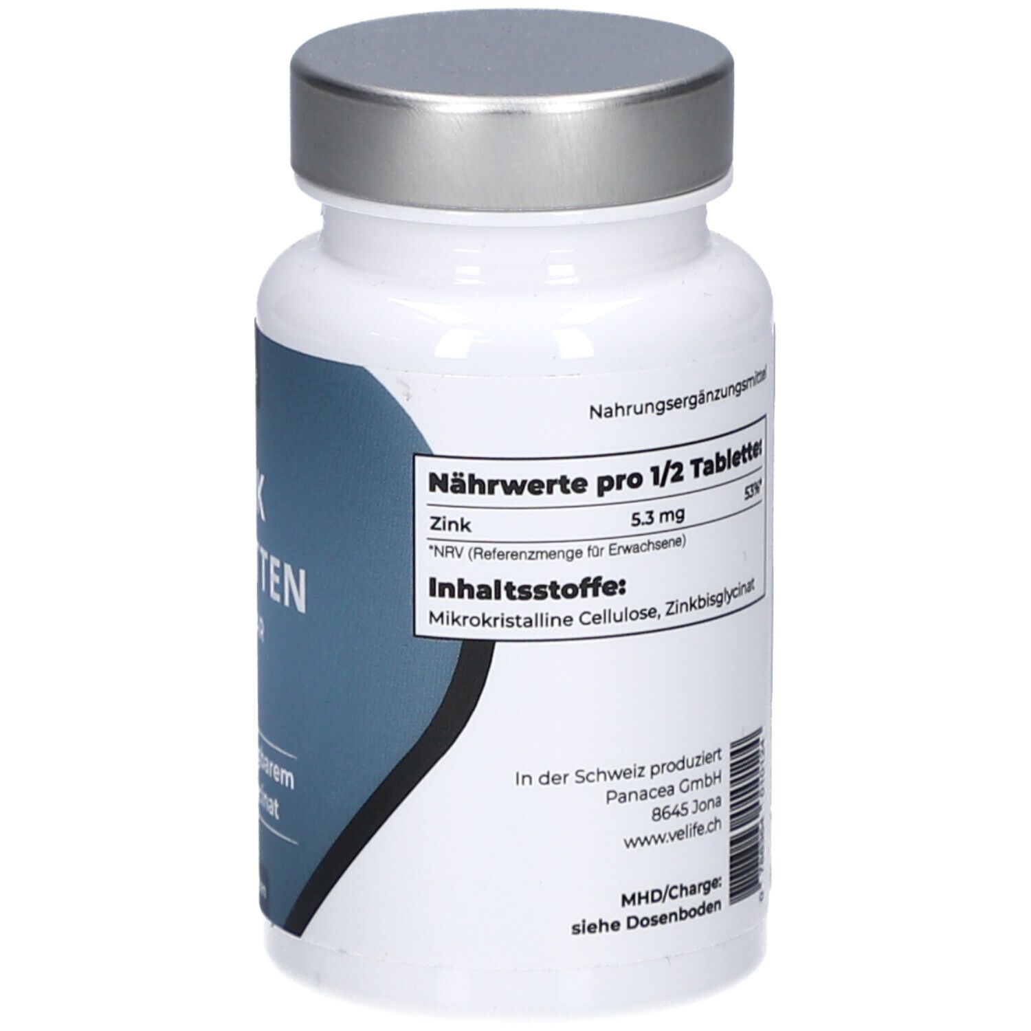 Rückseite der weißen Flasche mit silbernem Deckel. Nährwertangaben pro 1/2 Tablette. Herstellerinformationen.
