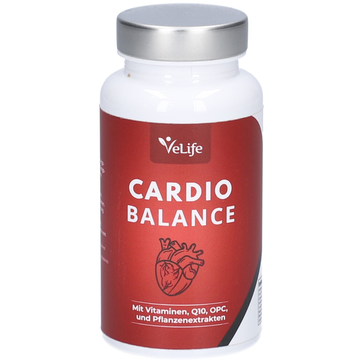Weiße Flasche mit silbernem Deckel. Rotes Etikett mit Text: Cardio Balance, Herz-Illustration, VeLife Logo.