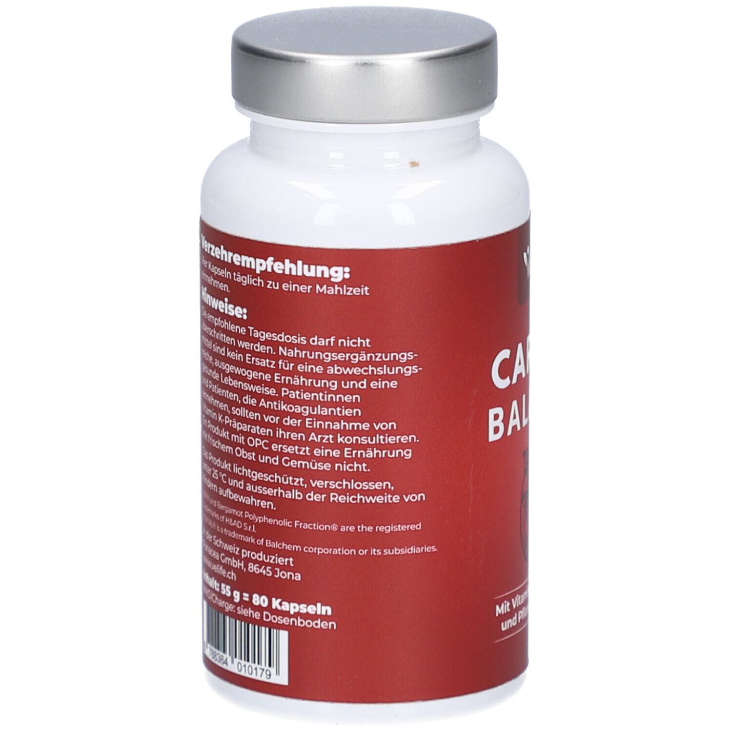 Weiße Flasche mit silbernem Deckel. Rotes Etikett mit Text und Barcode. Text: Verzehrempfehlung, 80 Kapseln.