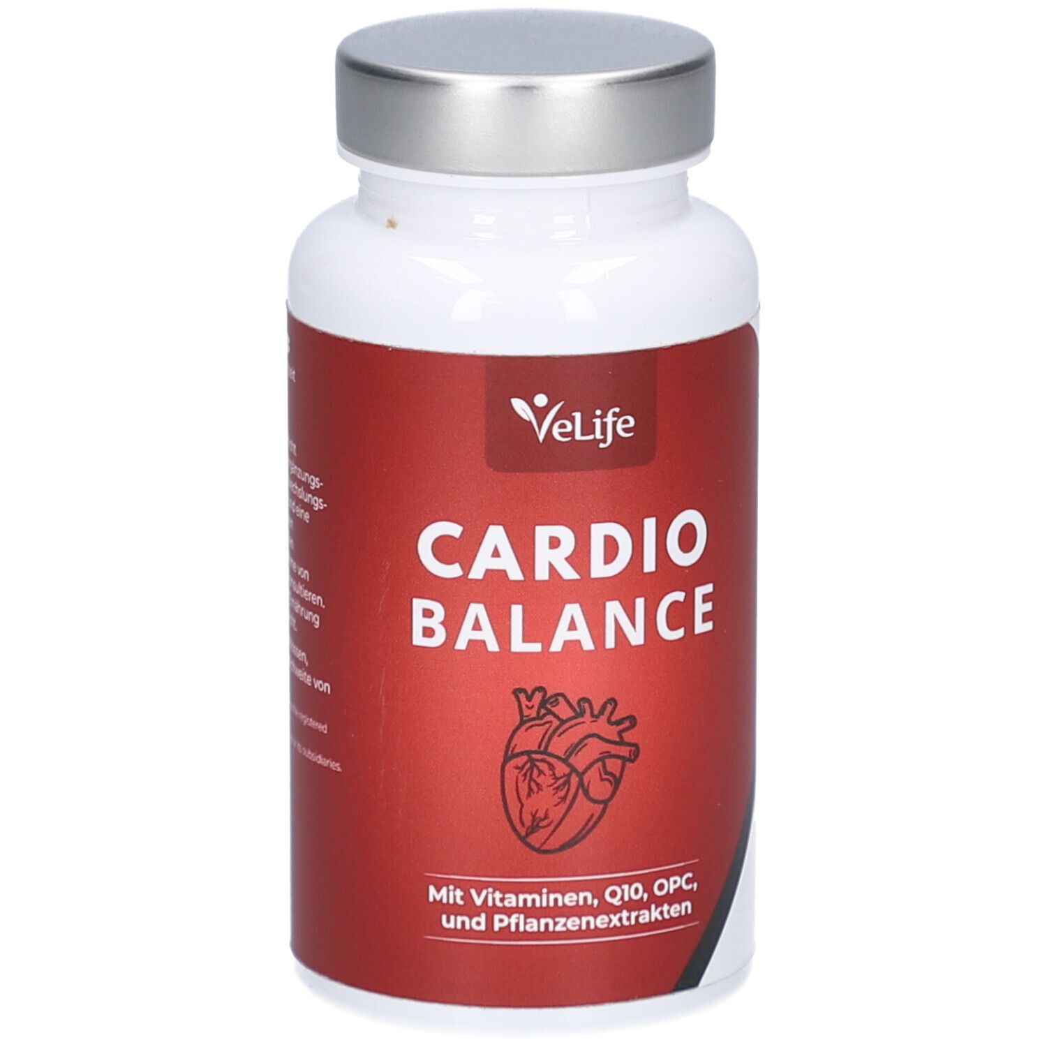 Weiße Flasche mit silbernem Deckel. Rotes Etikett mit Text: Cardio Balance, Herz-Illustration, VeLife Logo.