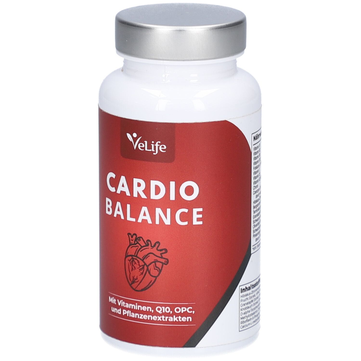 Weiße Flasche mit silbernem Deckel. Rotes Etikett mit Text: Cardio Balance, Herz-Illustration, VeLife Logo.