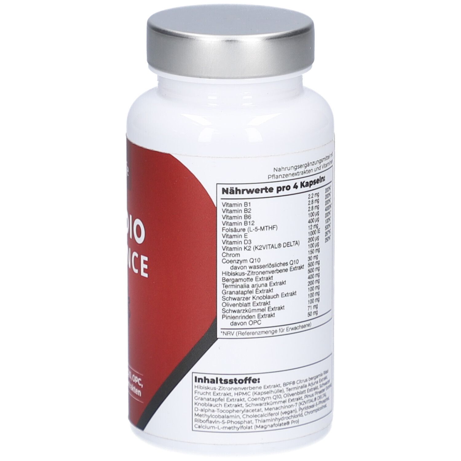 Weiße Flasche mit silbernem Deckel. Rotes Etikett mit Nährwertangaben. Text: Nährwerte pro 4 Kapseln, Inhaltsstoffe.
