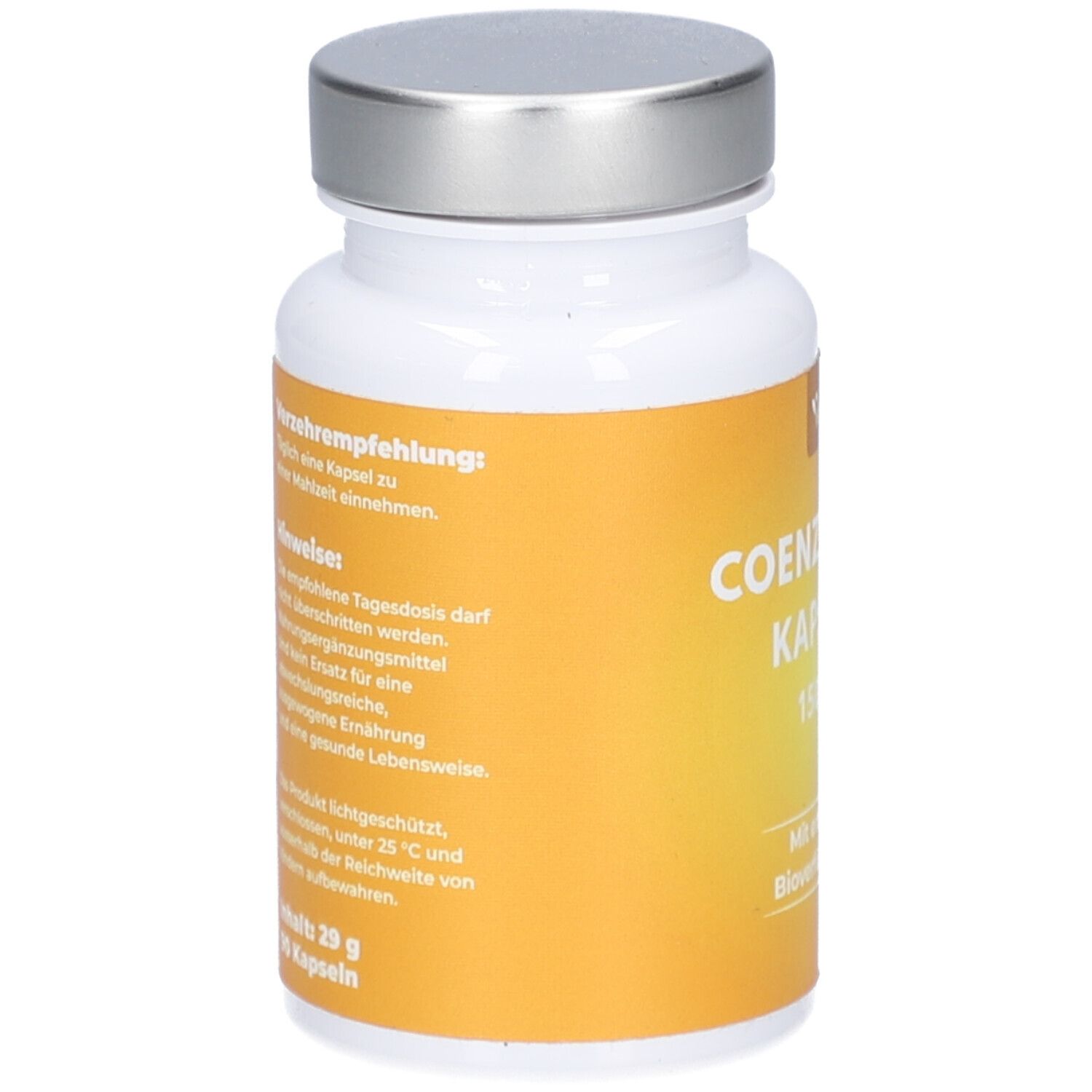 Flacon blanc avec bouchon argenté. Étiquette jaune avec texte. Informations sur les ingrédients et l'utilisation au dos.