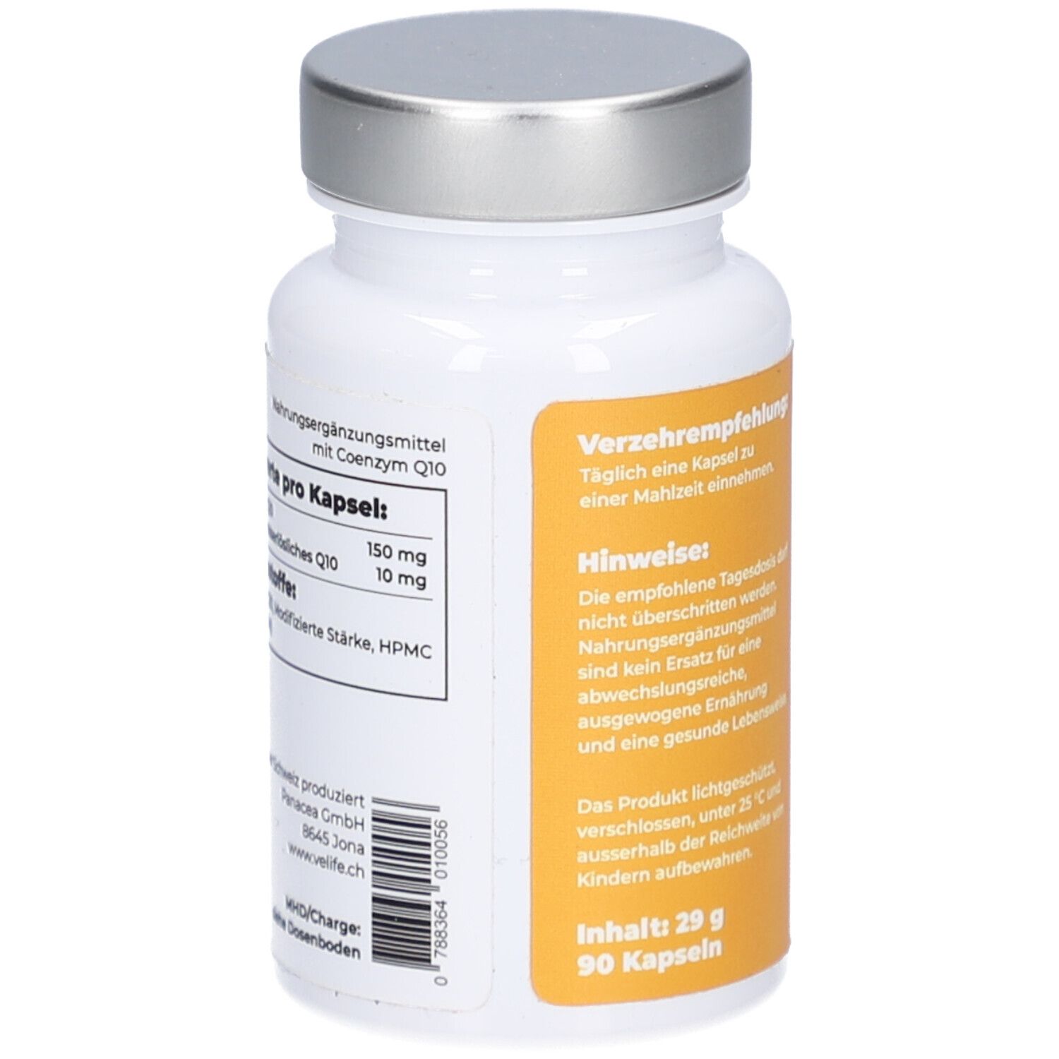 Flacon blanc avec bouchon argenté. Étiquette jaune avec texte. Informations nutritionnelles et recommandations de consommation.