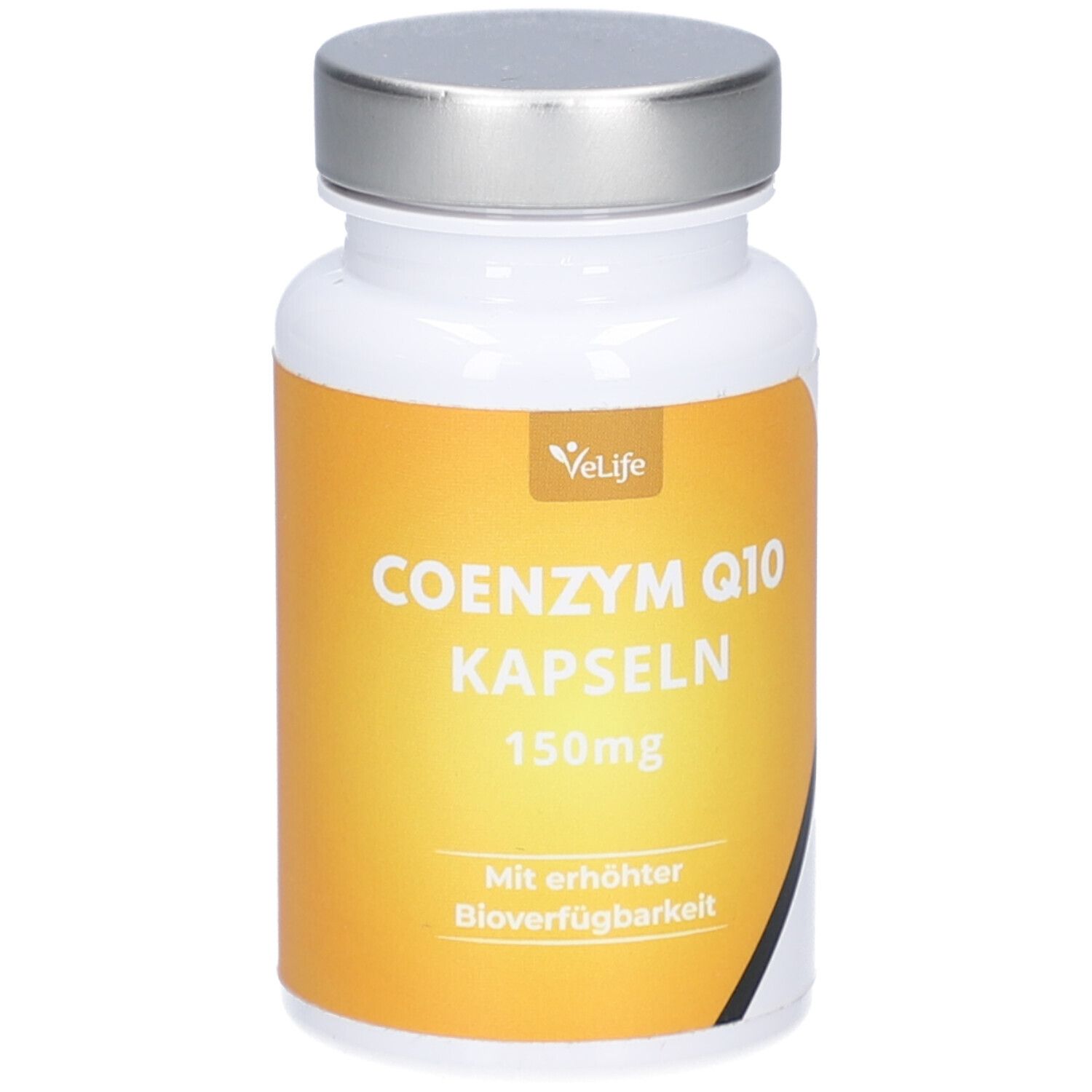 Flacon blanc avec bouchon argenté. Étiquette jaune avec texte: Coenzyme Q10 Capsules 150mg, marque VeLife.