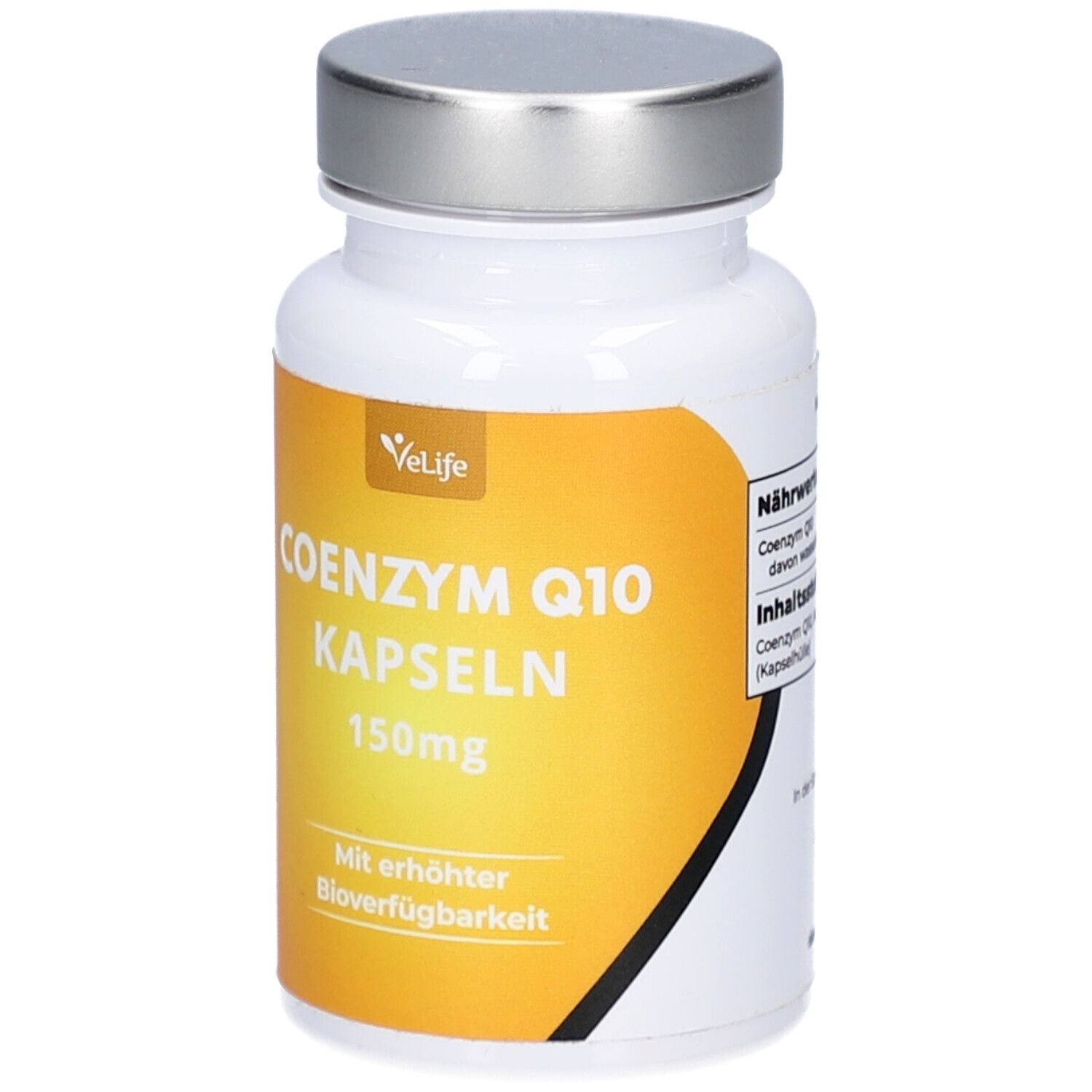 Flacon blanc avec bouchon argenté. Étiquette jaune avec texte: Coenzyme Q10 Capsules 150mg, marque VeLife.